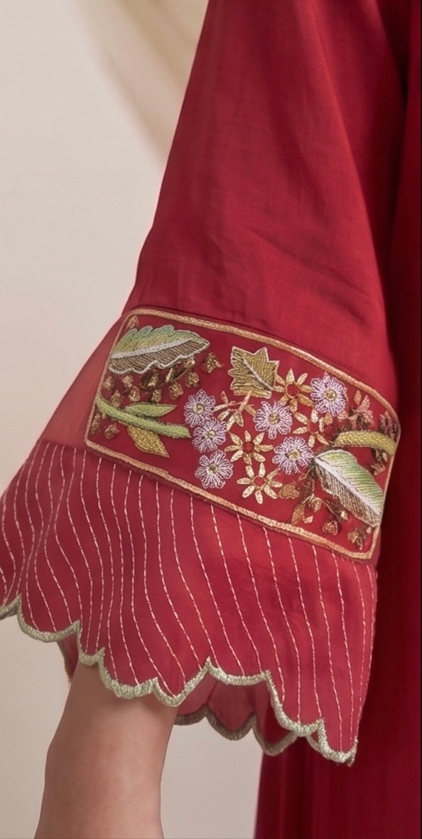 Ruby Red Satin Georgette Kurta Set