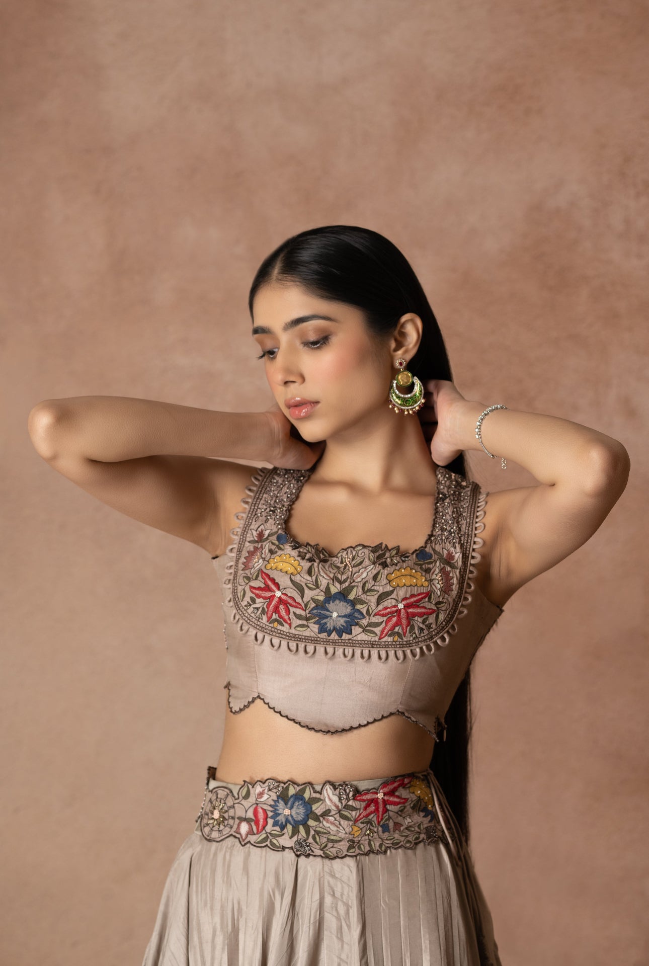 Dusty Pink Silk Blouse Floral Embroidery Lehenga Set