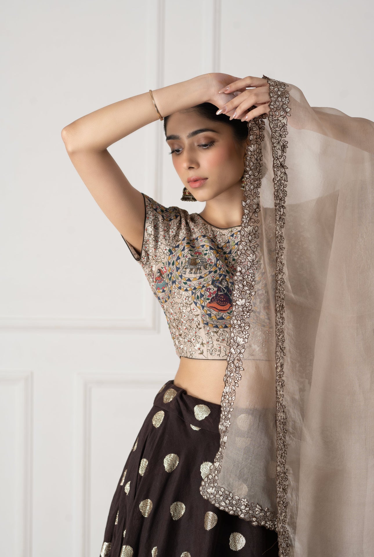 Floral Embroidered Brown Silk Blouse With Butti Pattern Lehenga Set