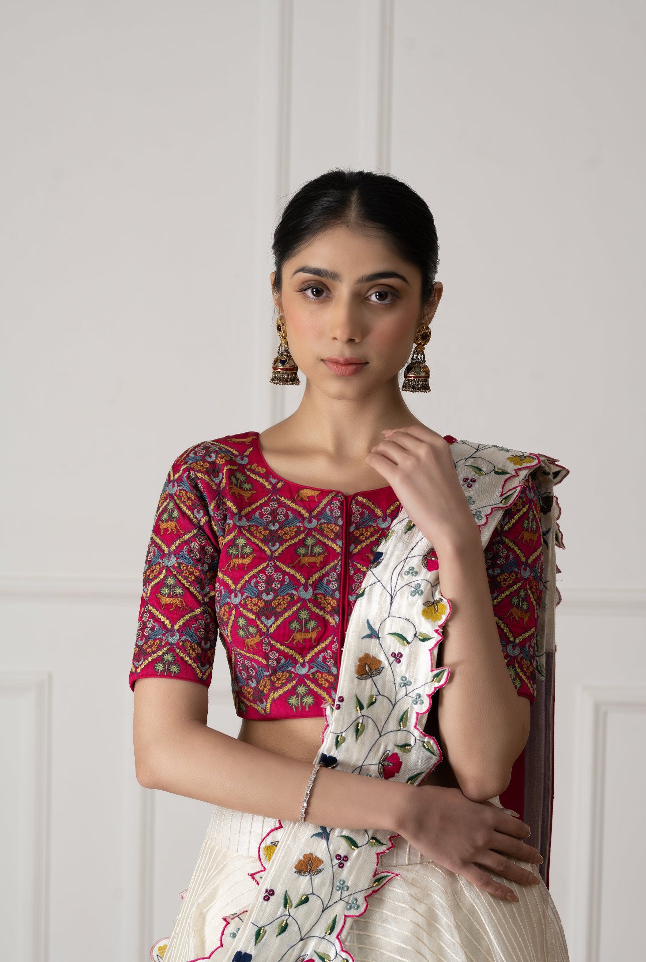 Embroidered Pink Silk Blouse And White Dupatta Lehenga Set