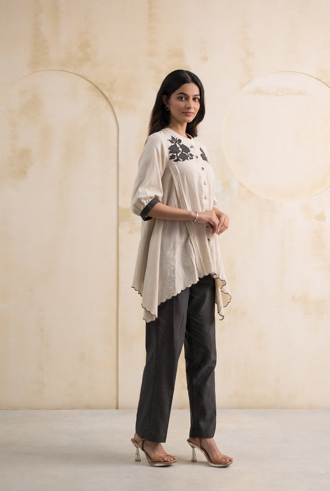Ivory Linen Coord Set with Grey Appliqué Work
