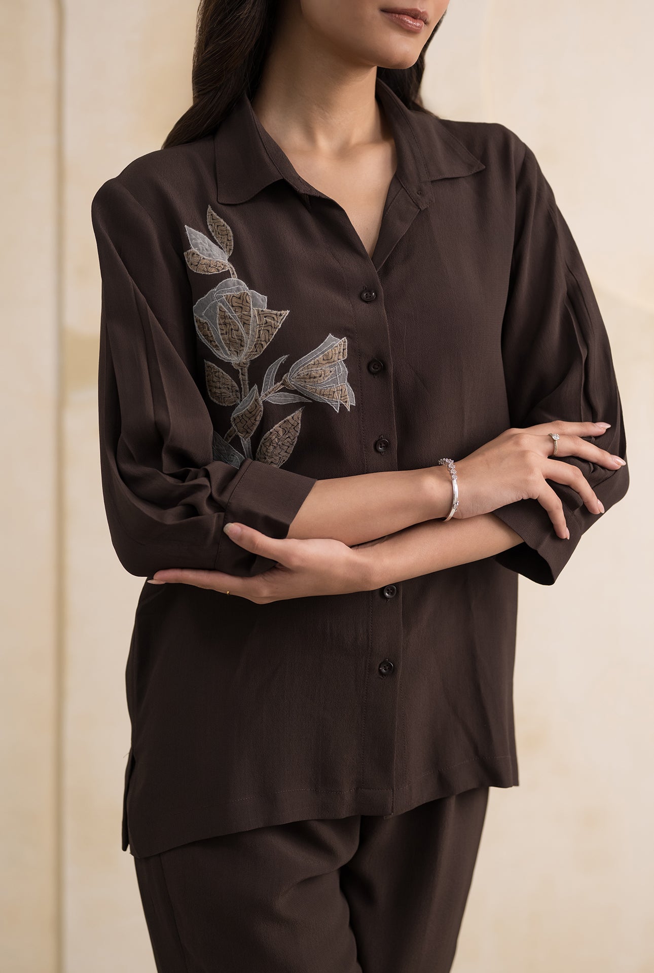 Chocolate Brown Double Georgette Co-ord with Appliqué Detailing