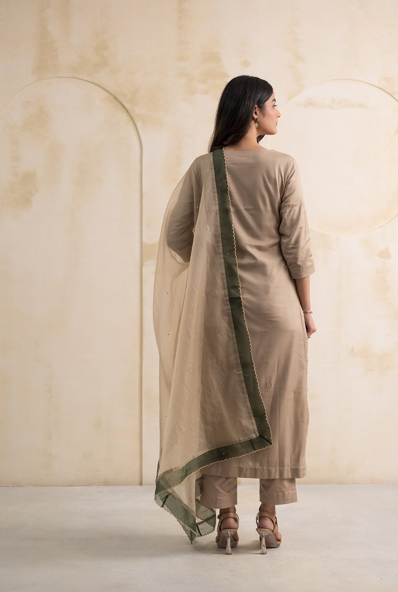 Beige Cotton Silk Suit Set with Radha Krishna Embroidery