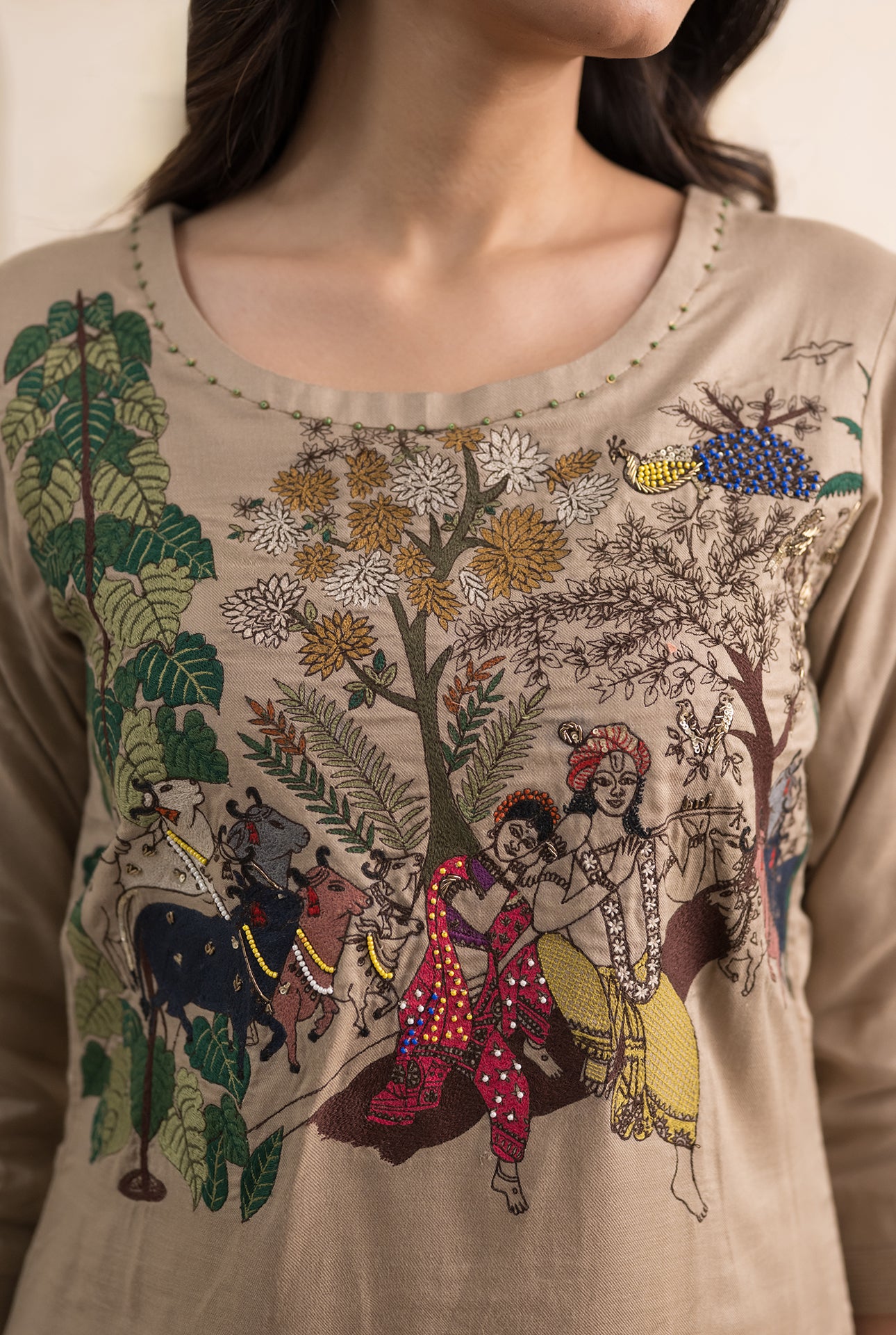 Beige Cotton Silk Suit Set with Radha Krishna Embroidery
