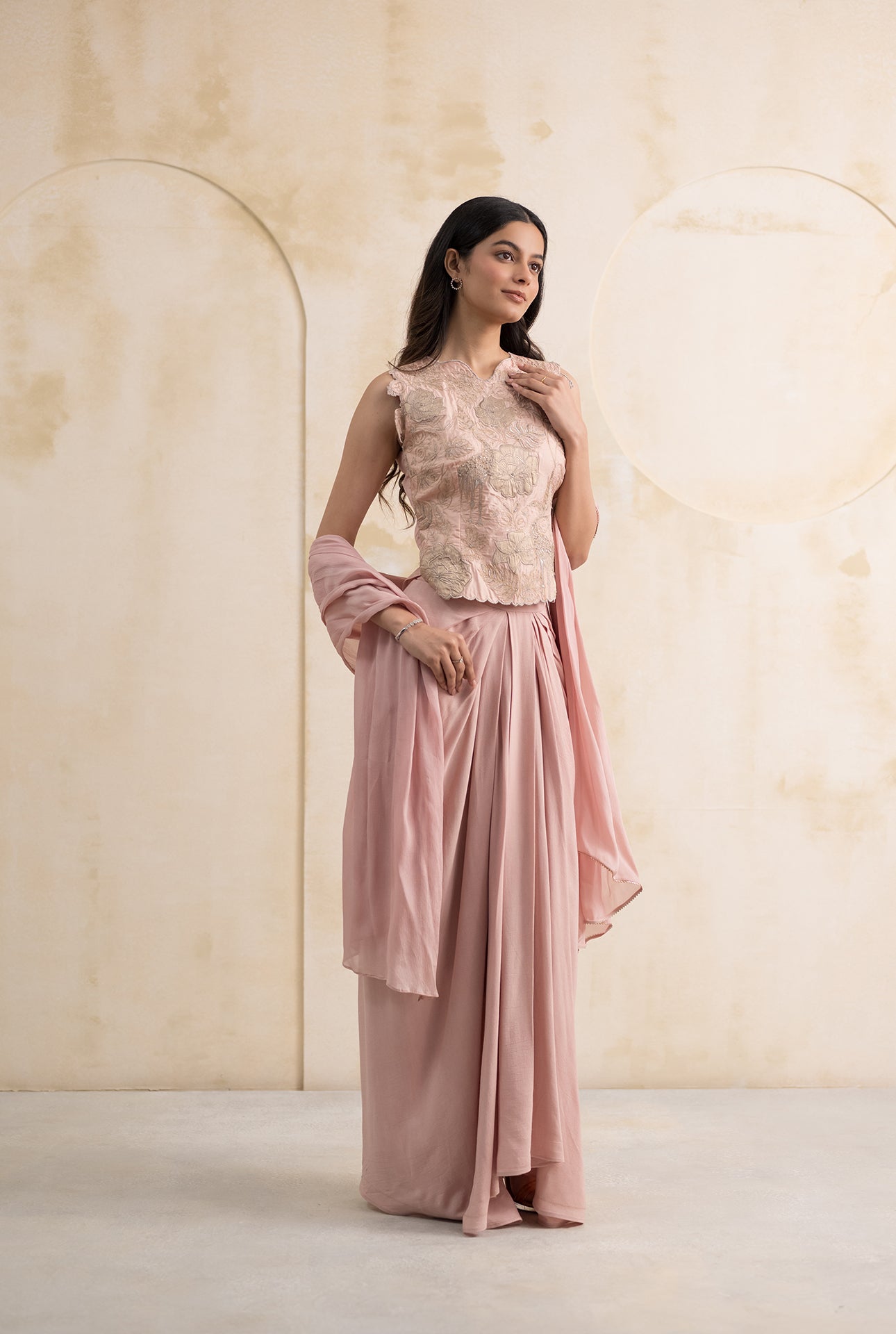 Blush Pink Georgette Dhoti Skirt with Handcrafted Silk Blouse & Dupatta