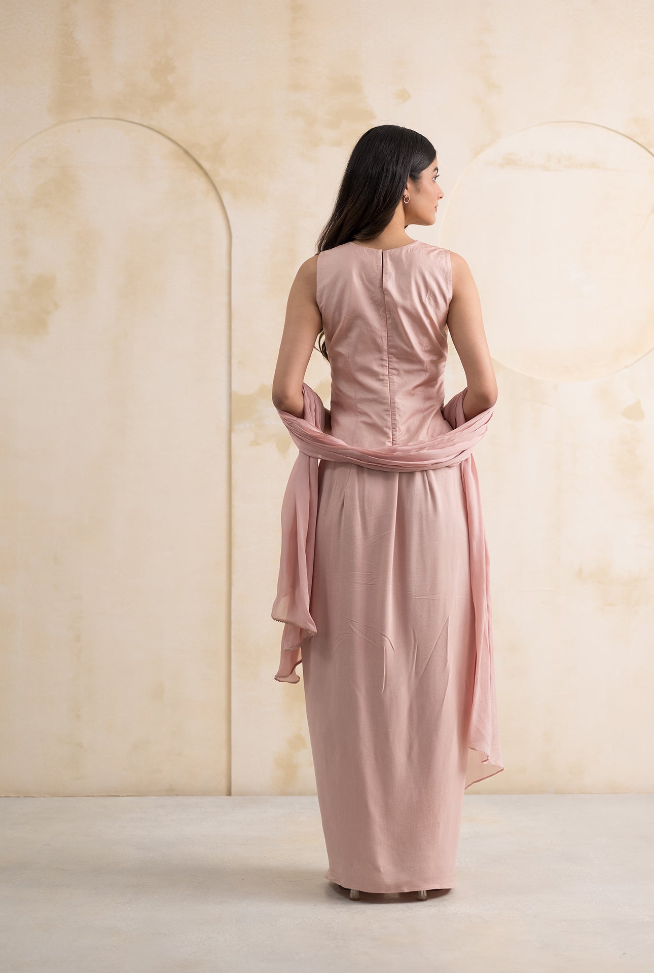 Blush Pink Georgette Dhoti Skirt with Handcrafted Silk Blouse & Dupatta