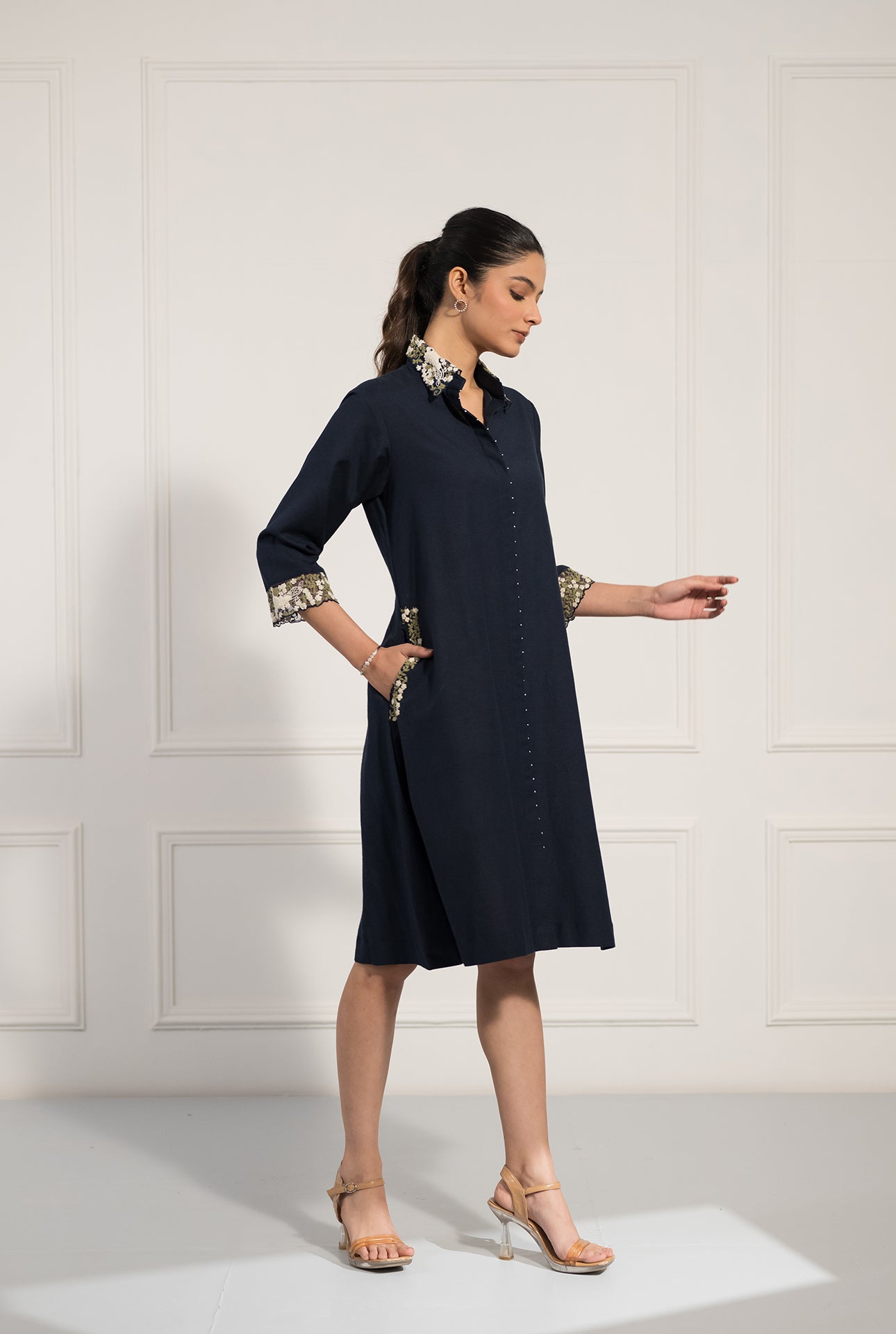 Navy Blue Double Georgette Shirt Dress with Dori Embroidery
