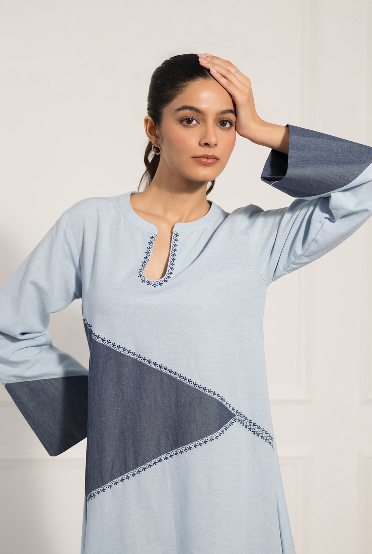Powder Blue A-Line Dress with Contrast Panels and Embroidery