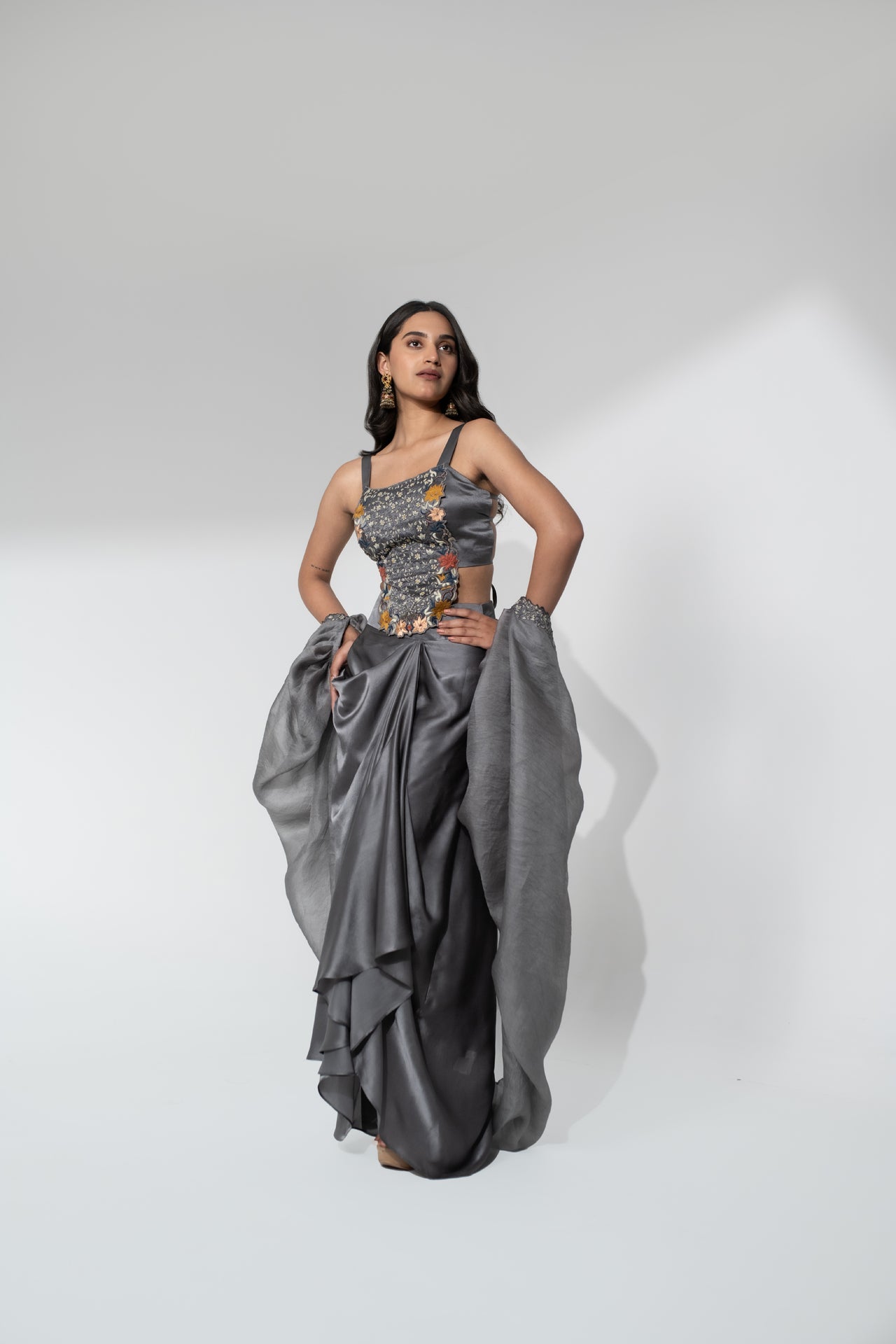 Satin Dhoti Set with Embroidered Top and Organza Cape