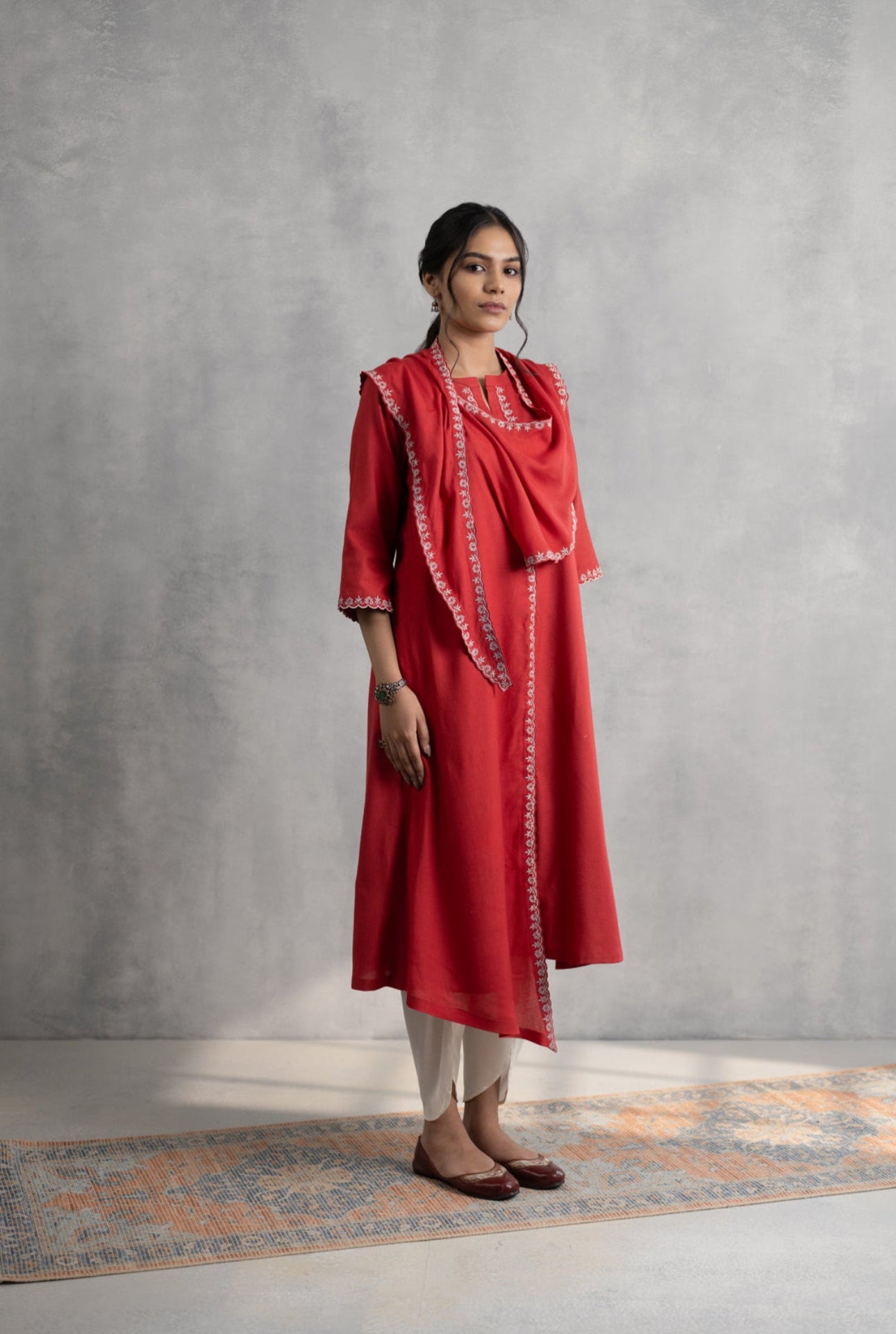 Rust Embroidered Kurta with Draped Scarf & Dhoti Pants
