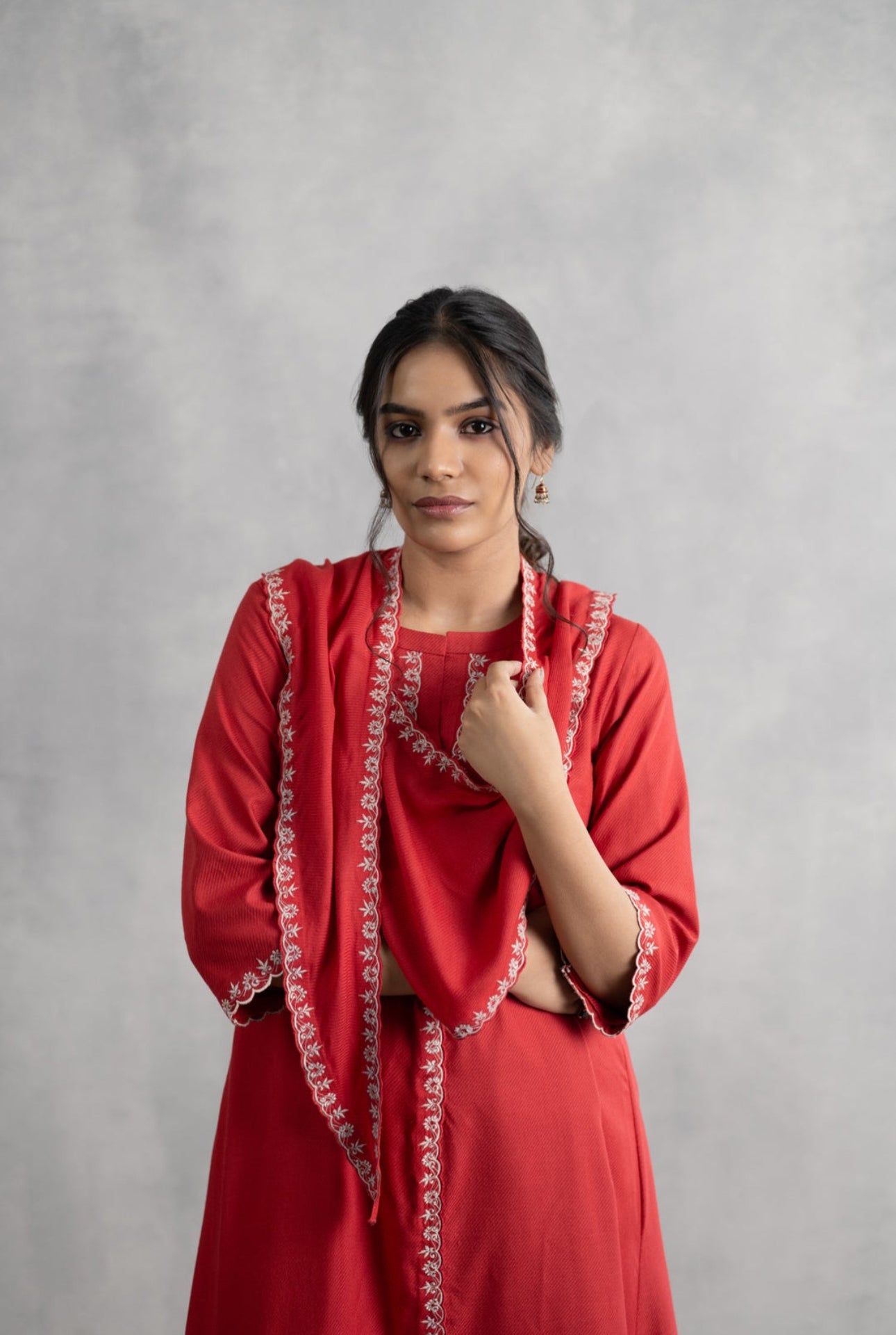 Rust Embroidered Kurta with Draped Scarf & Dhoti Pants