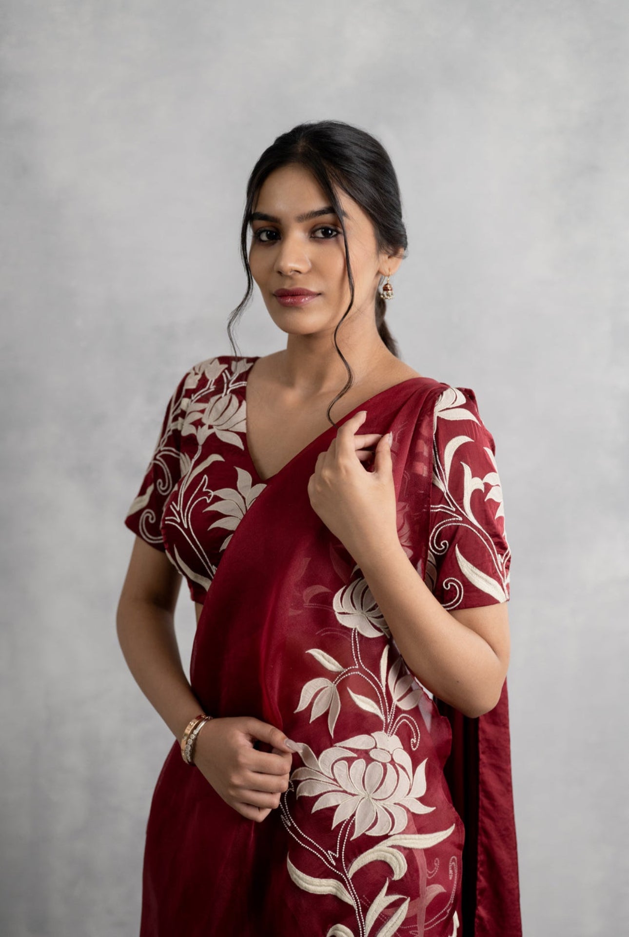 Maroon Applique Saree with Dual Pallus & Embroidered Blouse