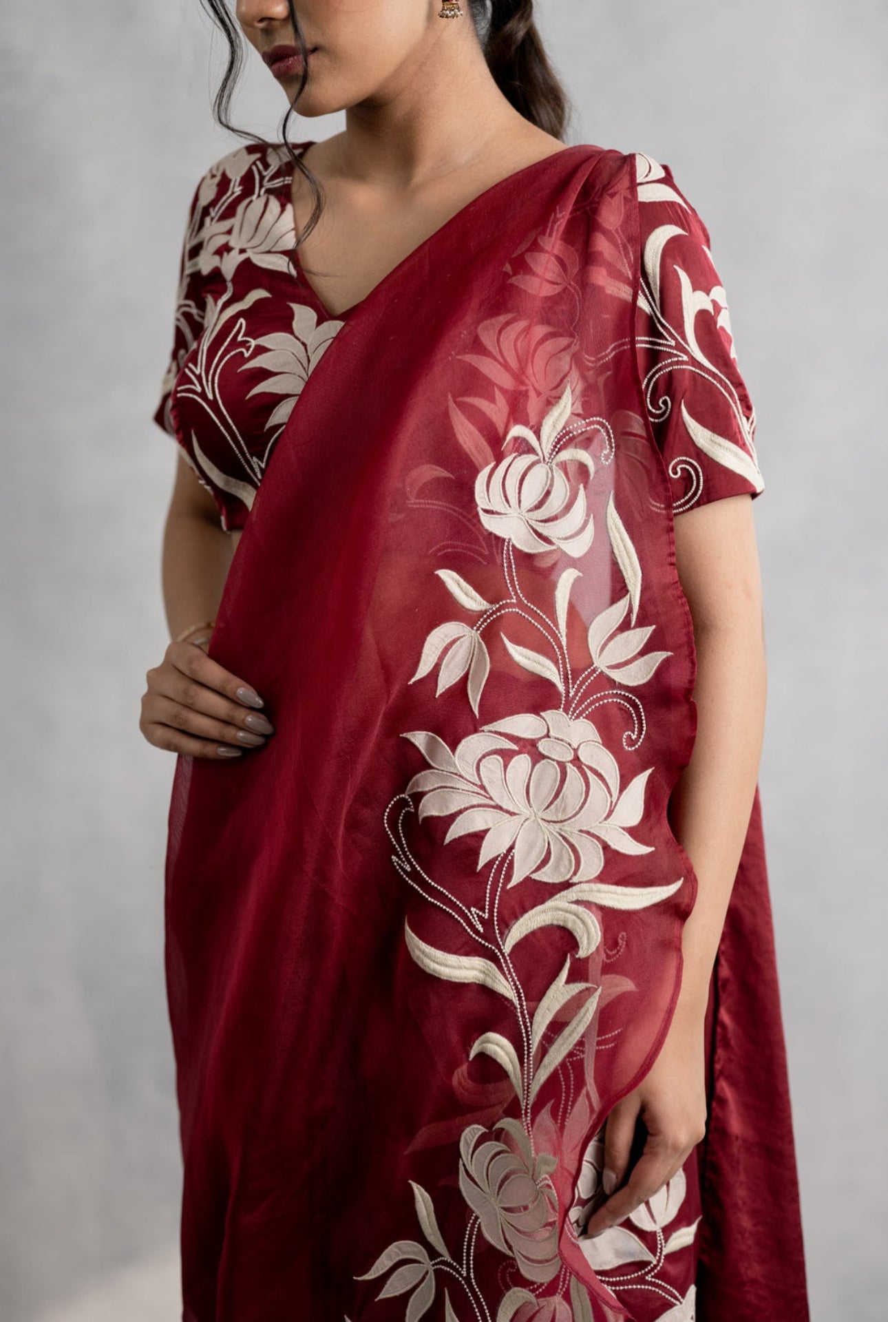 Maroon Applique Saree with Dual Pallus & Embroidered Blouse