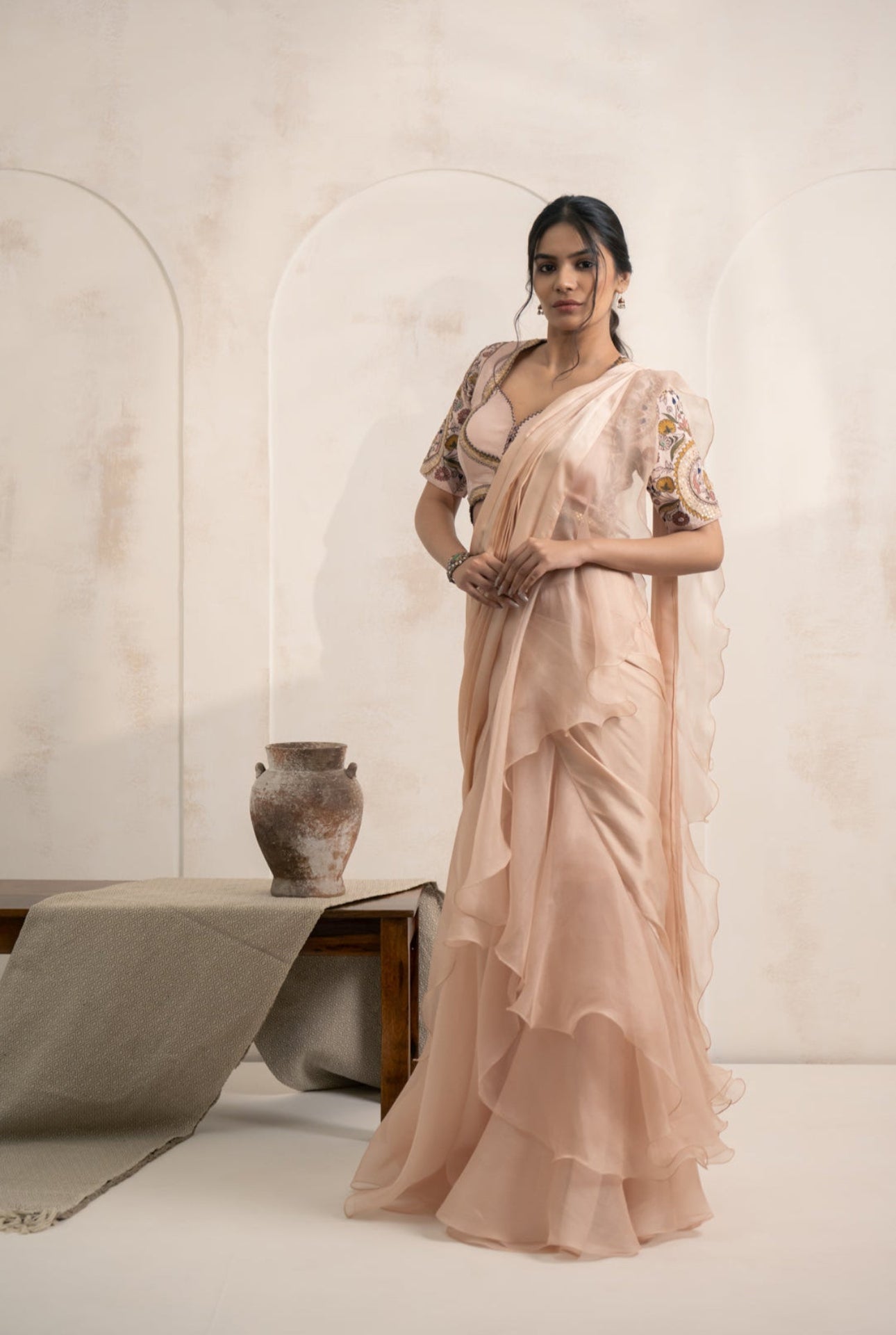 Blush Ruffle Saree with Embroidered Blouse