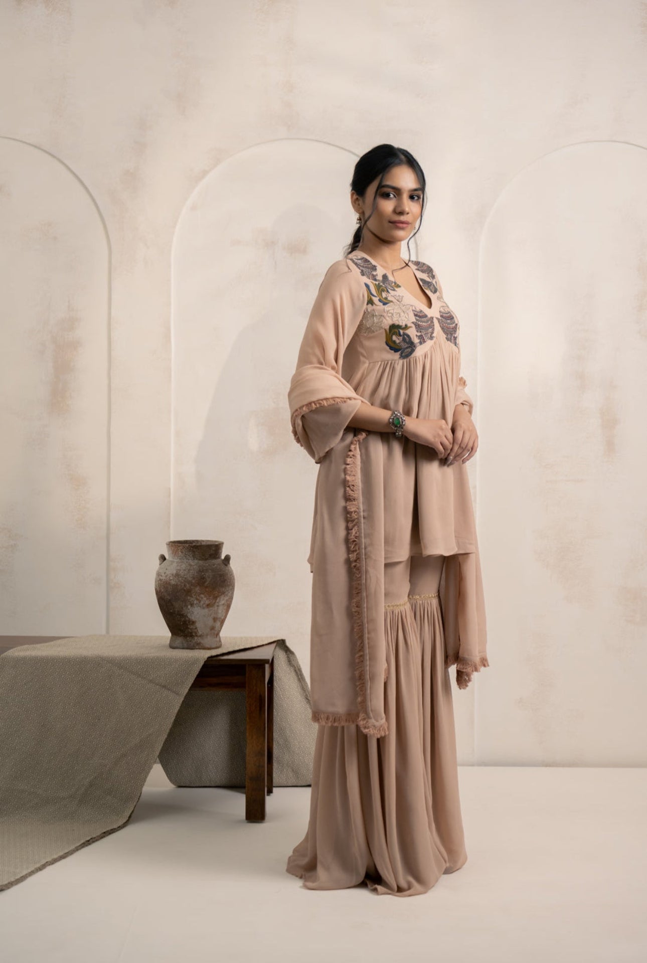 Georgette Kurti Garara Set with Hand & Machine Embroidery