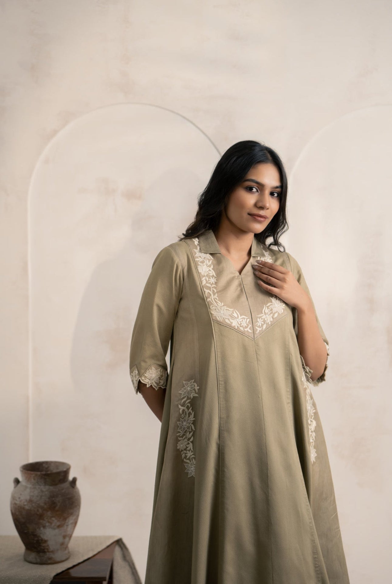 Sage Green Cotton Satin Midi Dress with Ivory Floral Embroidery