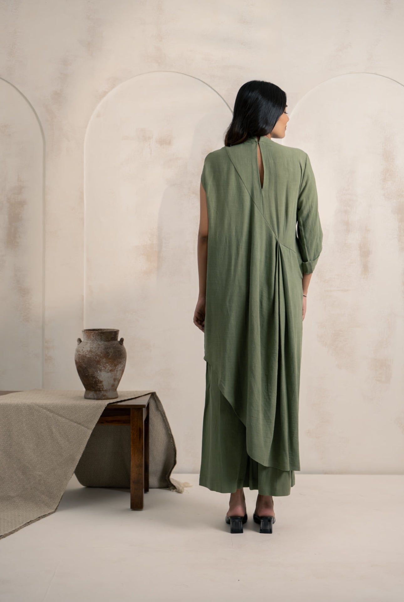 Olive Green Asymmetric Kurta Set with Embroidered Detail