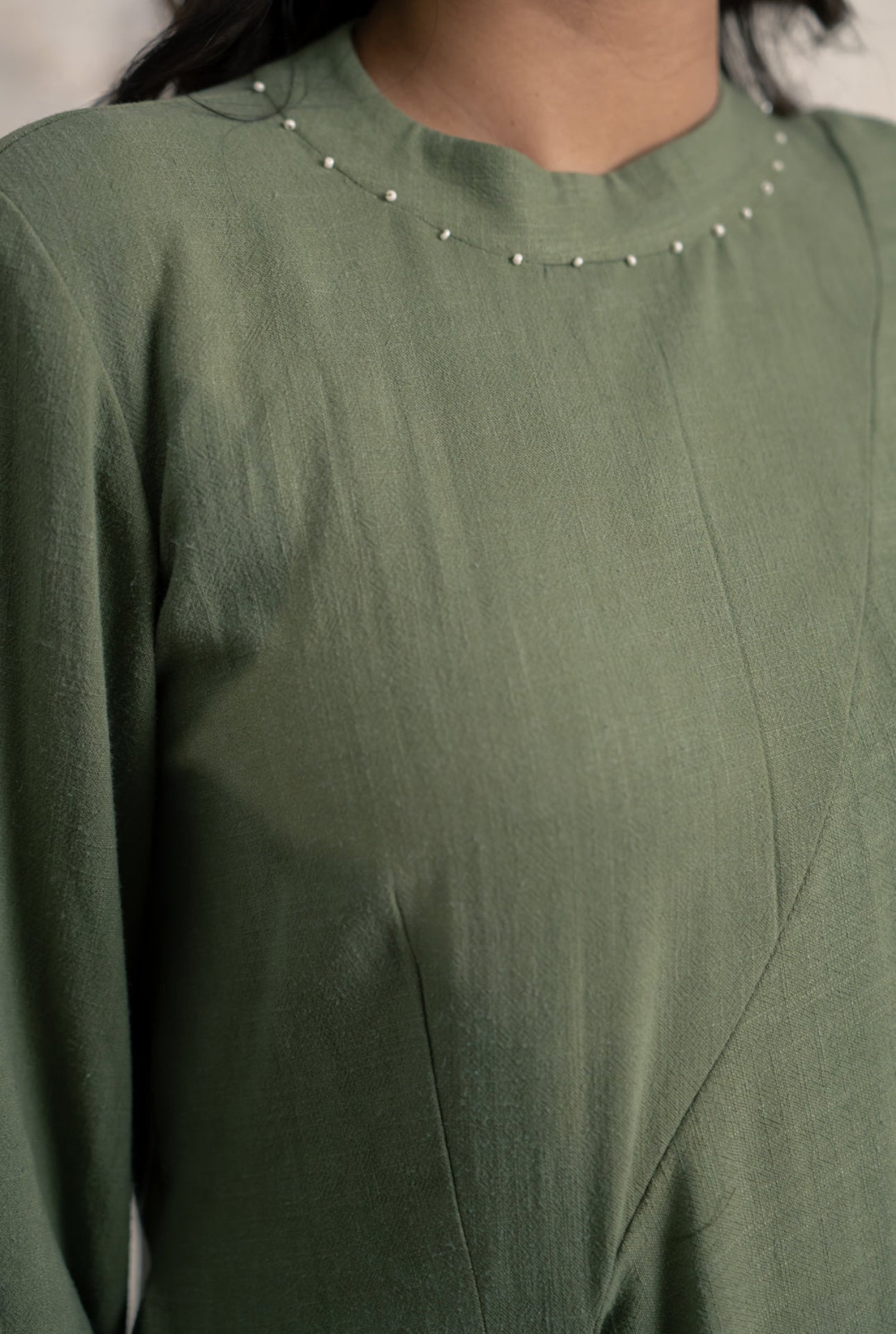 Olive Green Asymmetric Kurta Set with Embroidered Detail