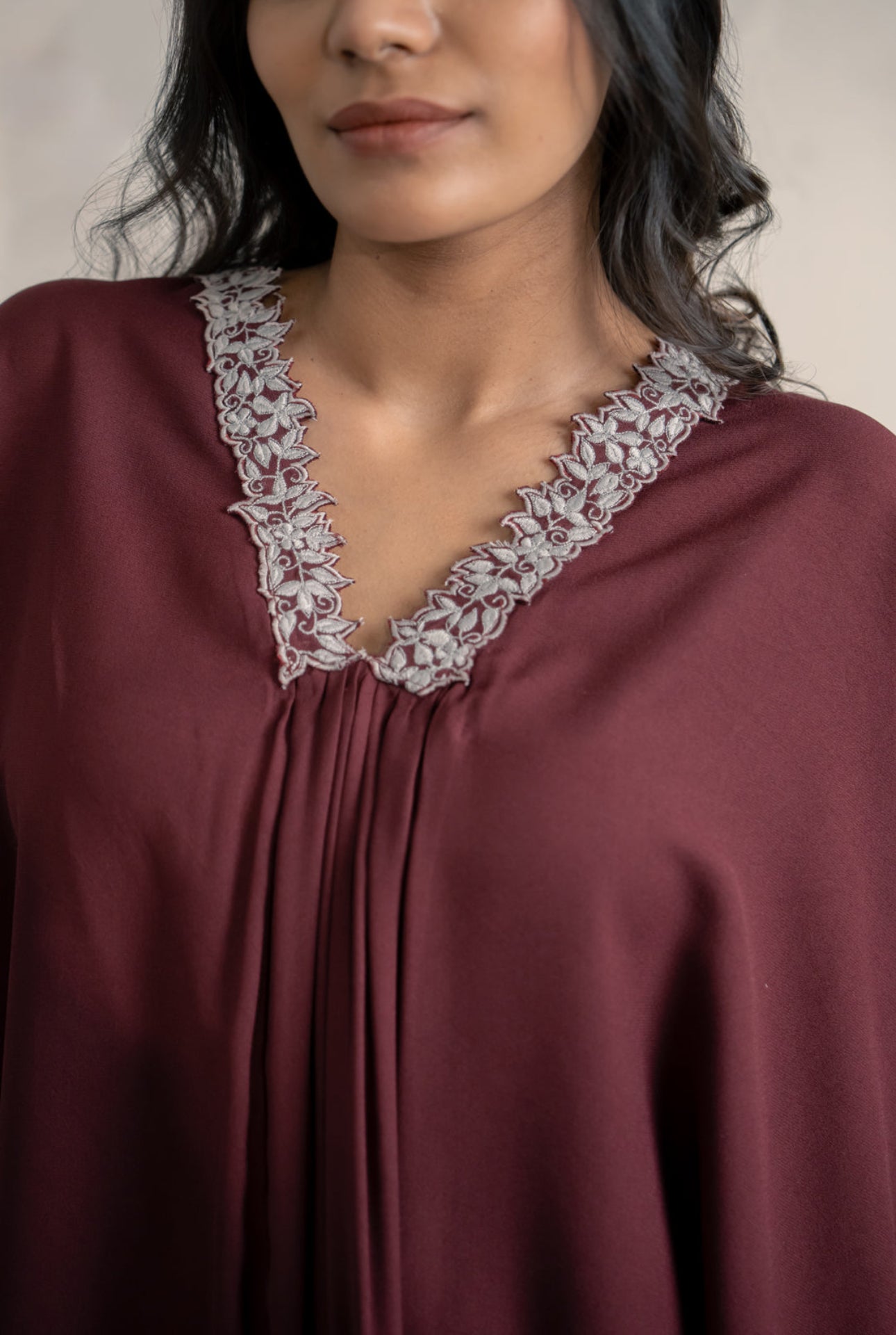 Wine Flow Kaftan Set with Embroidered Neckline