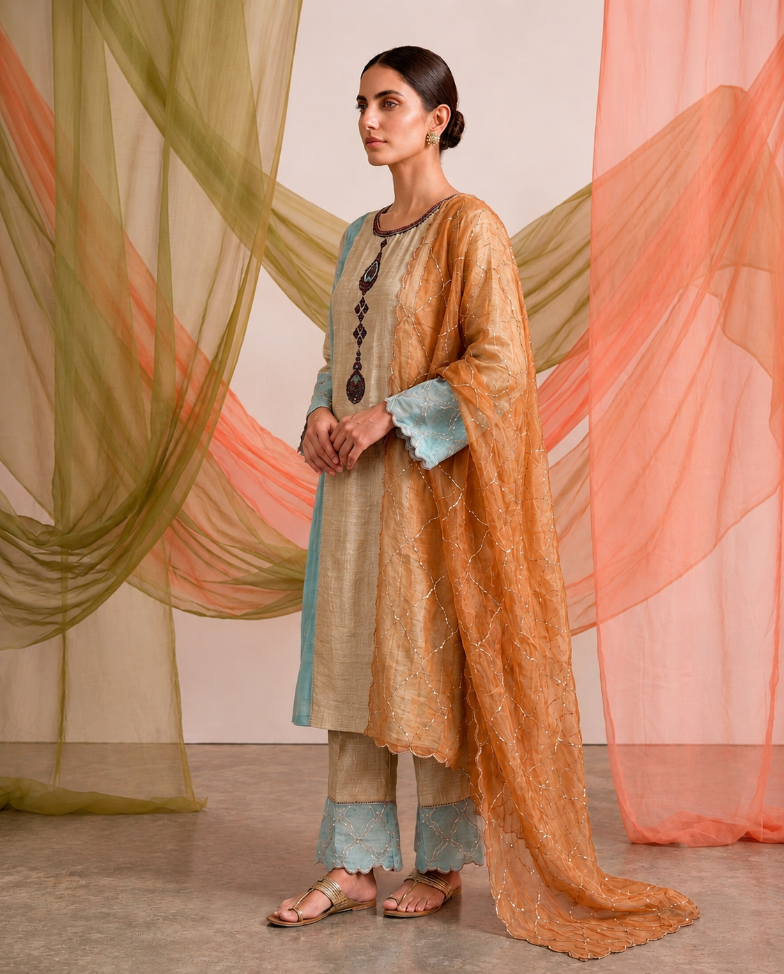 Ivory Tissue Kurta Set with Organza Dupatta