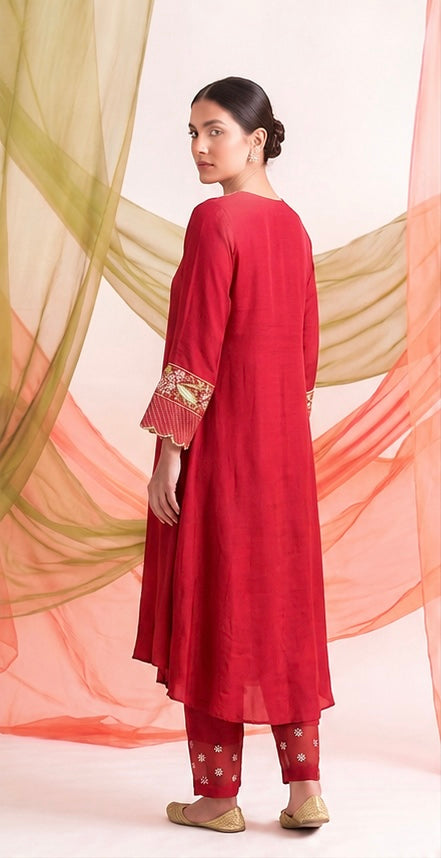 Ruby Red Satin Georgette Kurta Set