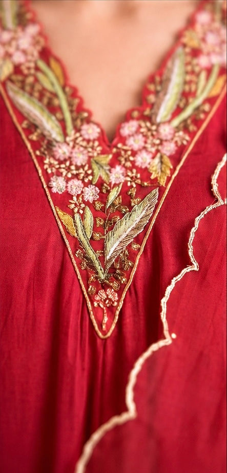 Ruby Red Satin Georgette Kurta Set