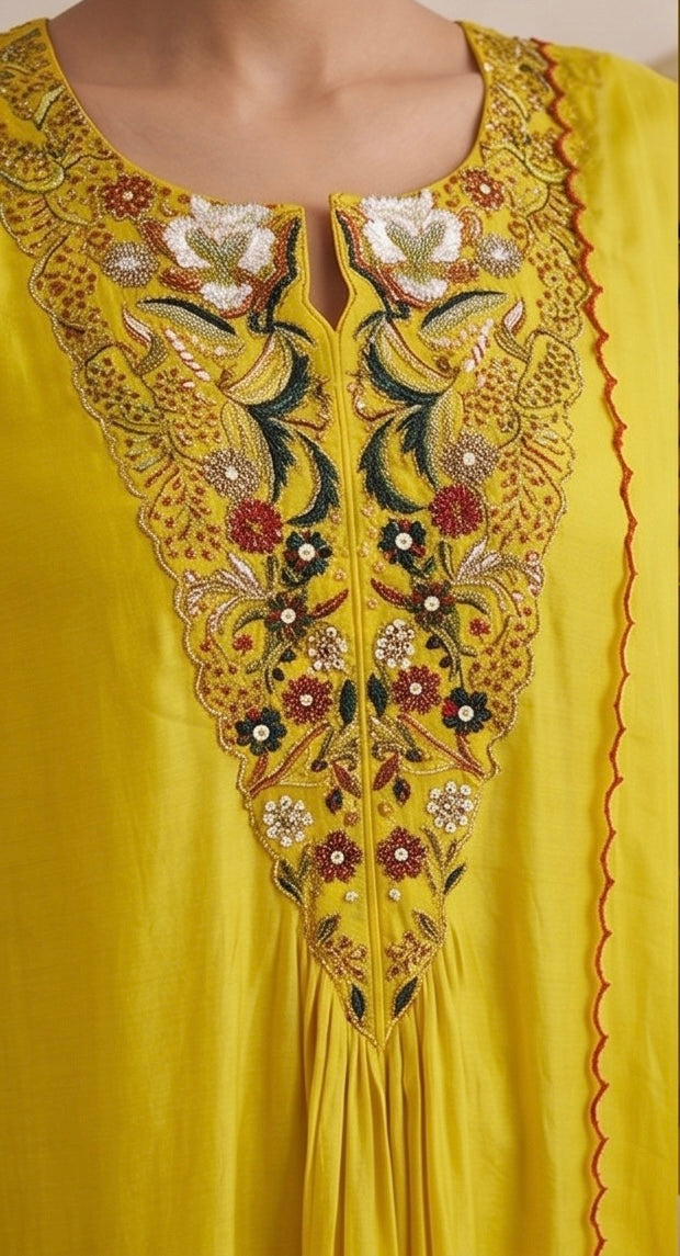 Mustard Yellow Hand Embroidered Satin Georgette Kurta Set