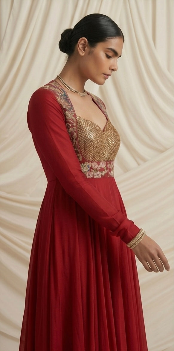 Ruby Royale Hand-Embroidered Chinon Suit Set