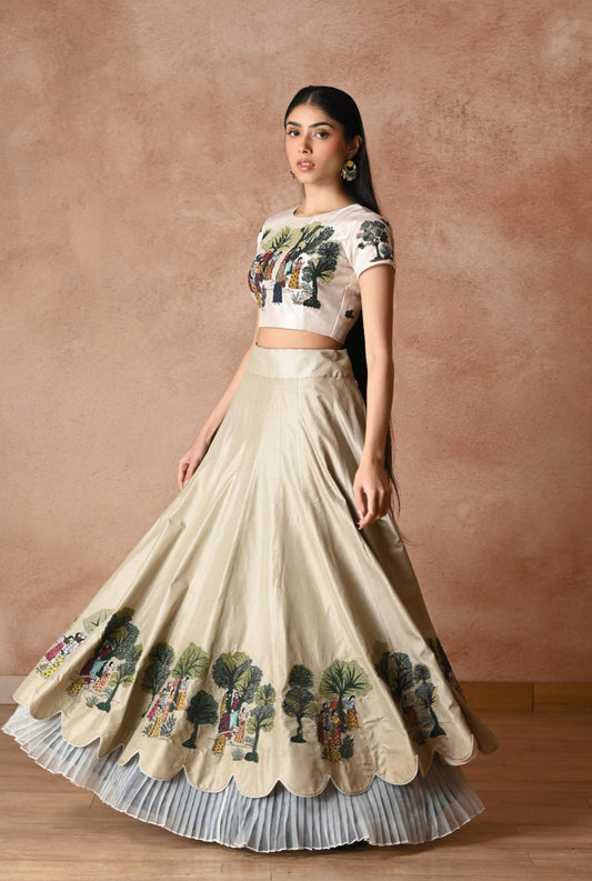 Off White Silk Embroidery Village Theme Round Neck Lehenga With Blouse