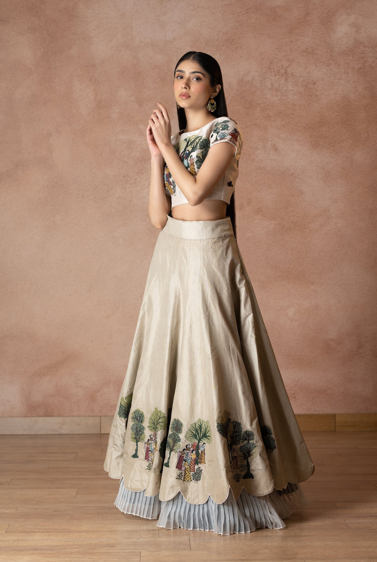 Off White Silk Embroidery Village Theme Round Neck Lehenga With Blouse