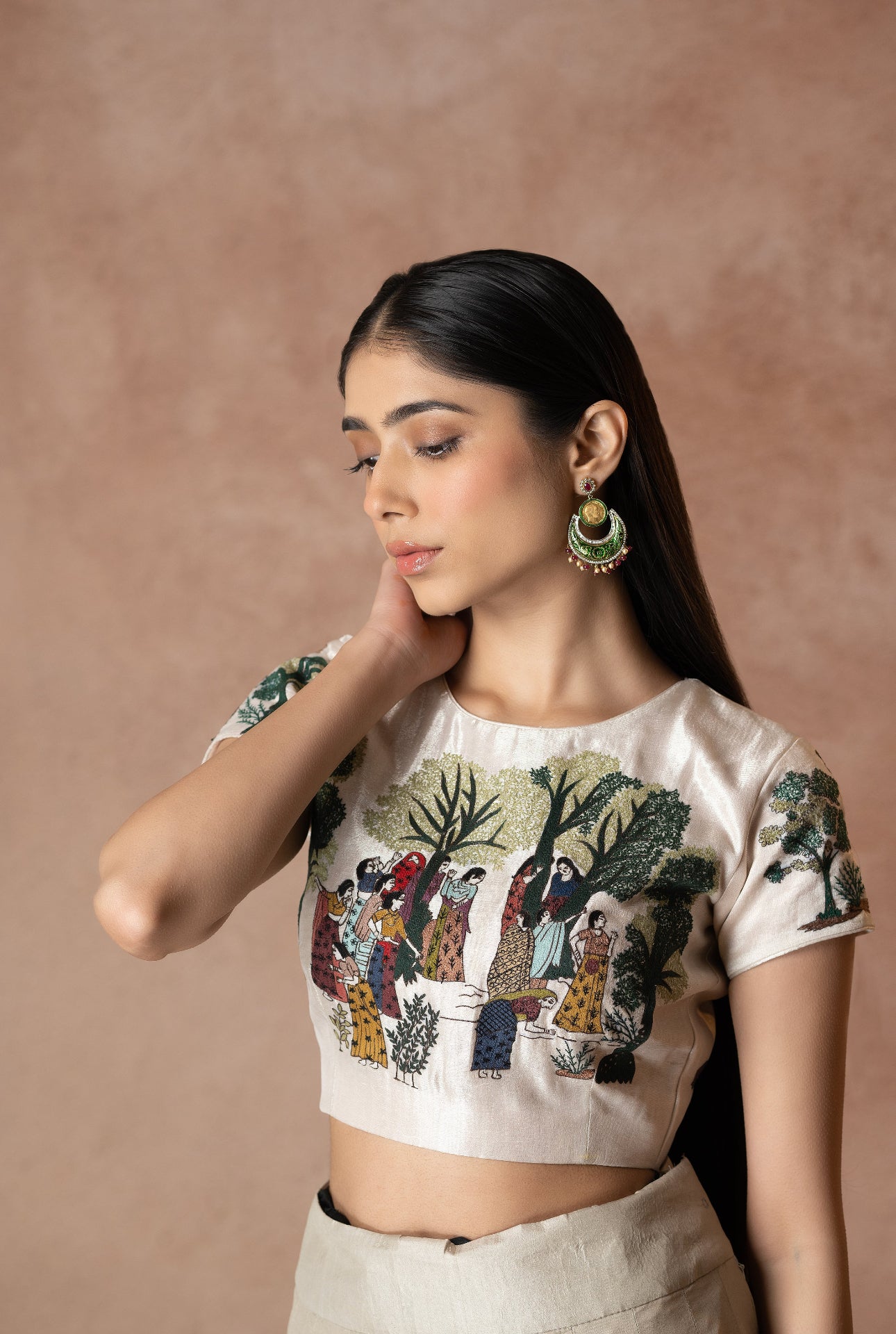 Off White Silk Embroidery Village Theme Round Neck Lehenga With Blouse