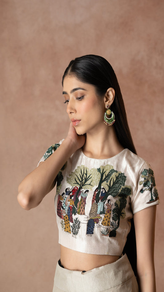 Off White Silk Embroidery Village Theme Round Neck Blouse