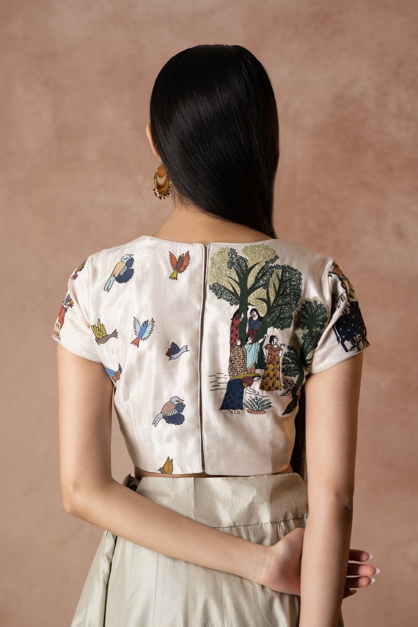 Off White Silk Embroidery Village Theme Round Neck Lehenga With Blouse
