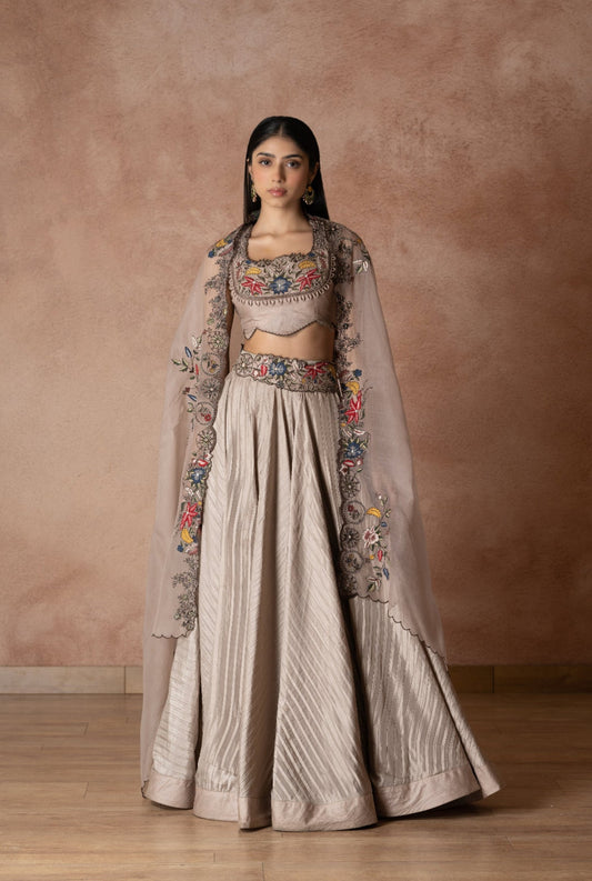 Dusty Pink Silk Blouse Floral Embroidery Lehenga Set