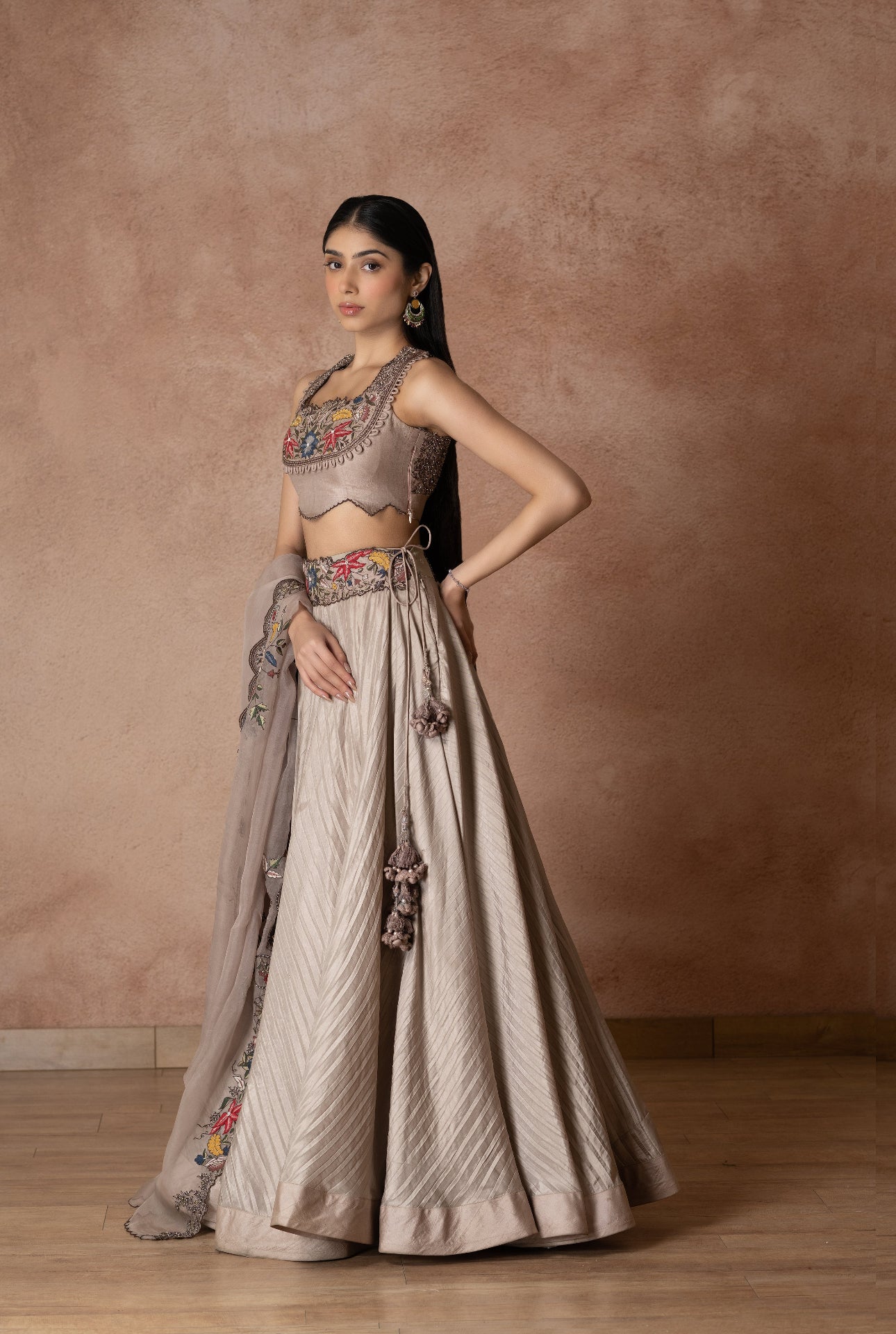 Dusty Pink Silk Blouse Floral Embroidery Lehenga Set