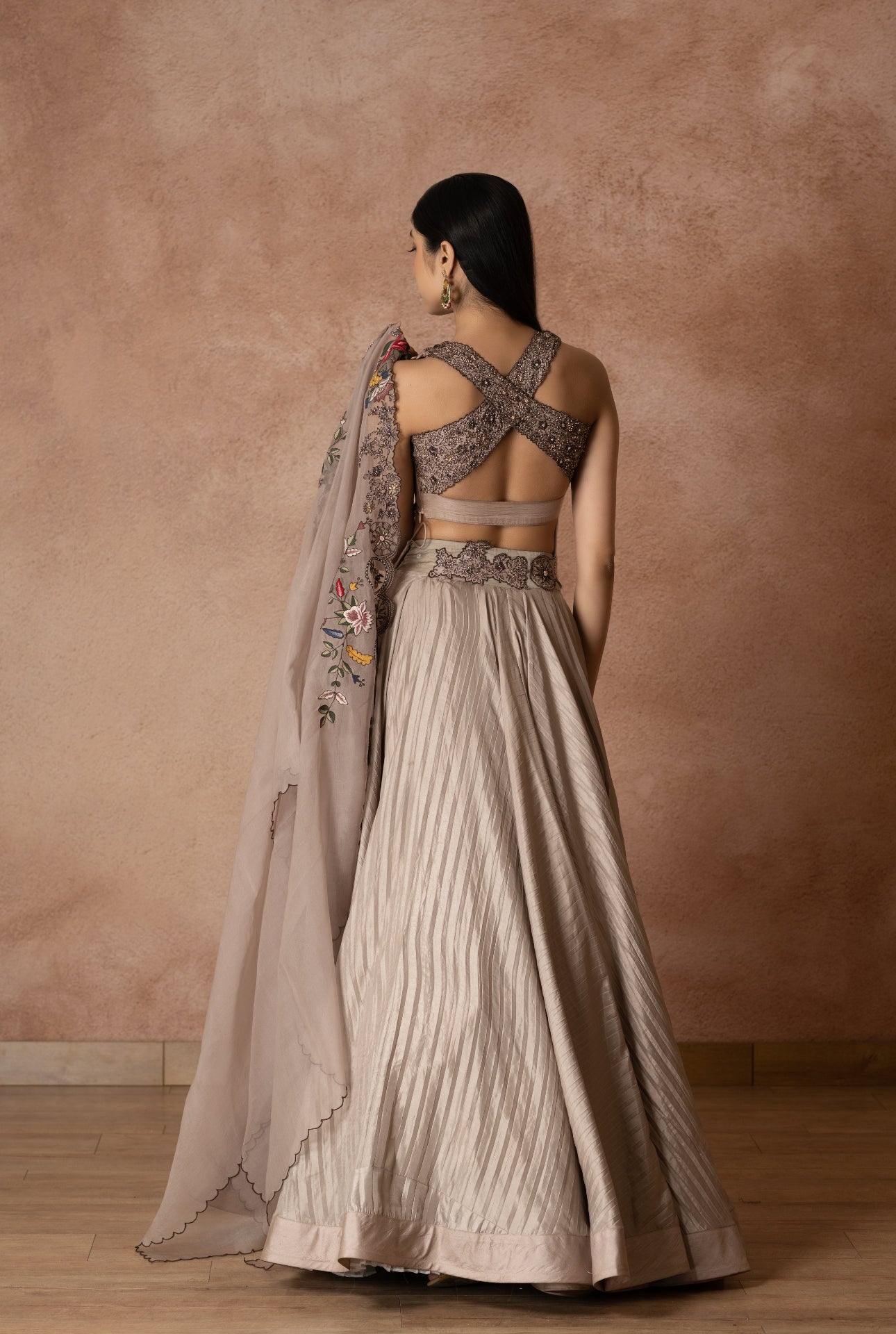 Dusty Pink Silk Blouse Floral Embroidery Lehenga Set