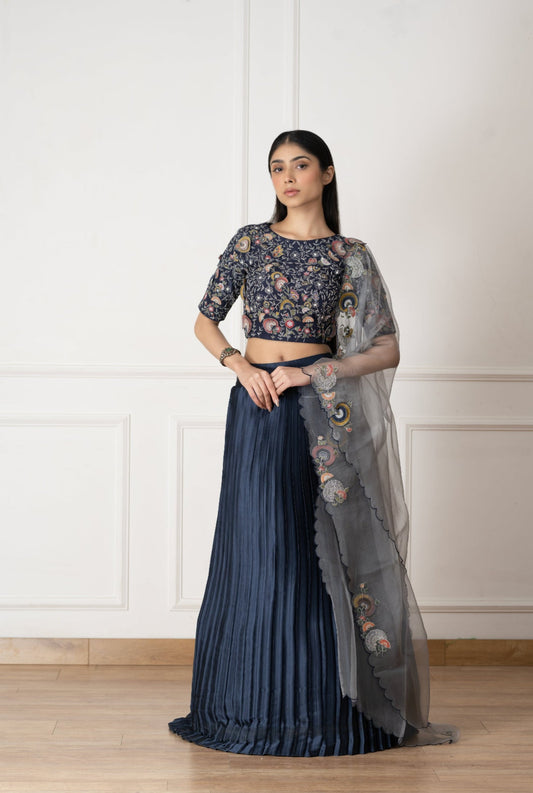 Blue Silk  Floral Embroidered Blouse And Lehenga Set