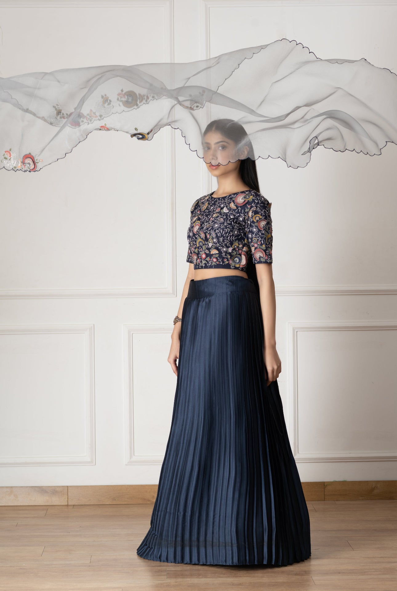Blue Silk  Floral Embroidered Blouse And Lehenga Set
