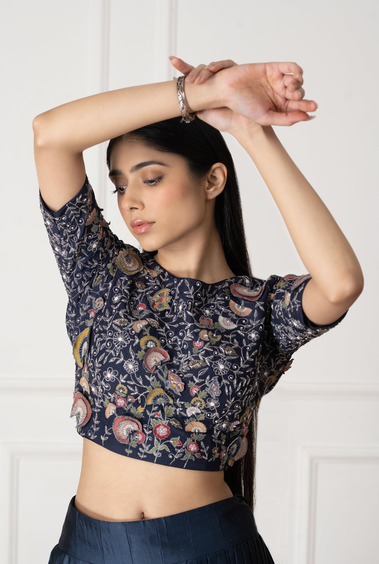 Blue Silk  Floral Embroidered Blouse And Lehenga Set