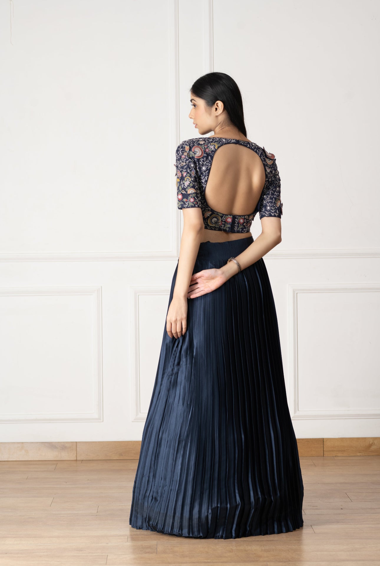 Blue Silk  Floral Embroidered Blouse And Lehenga Set