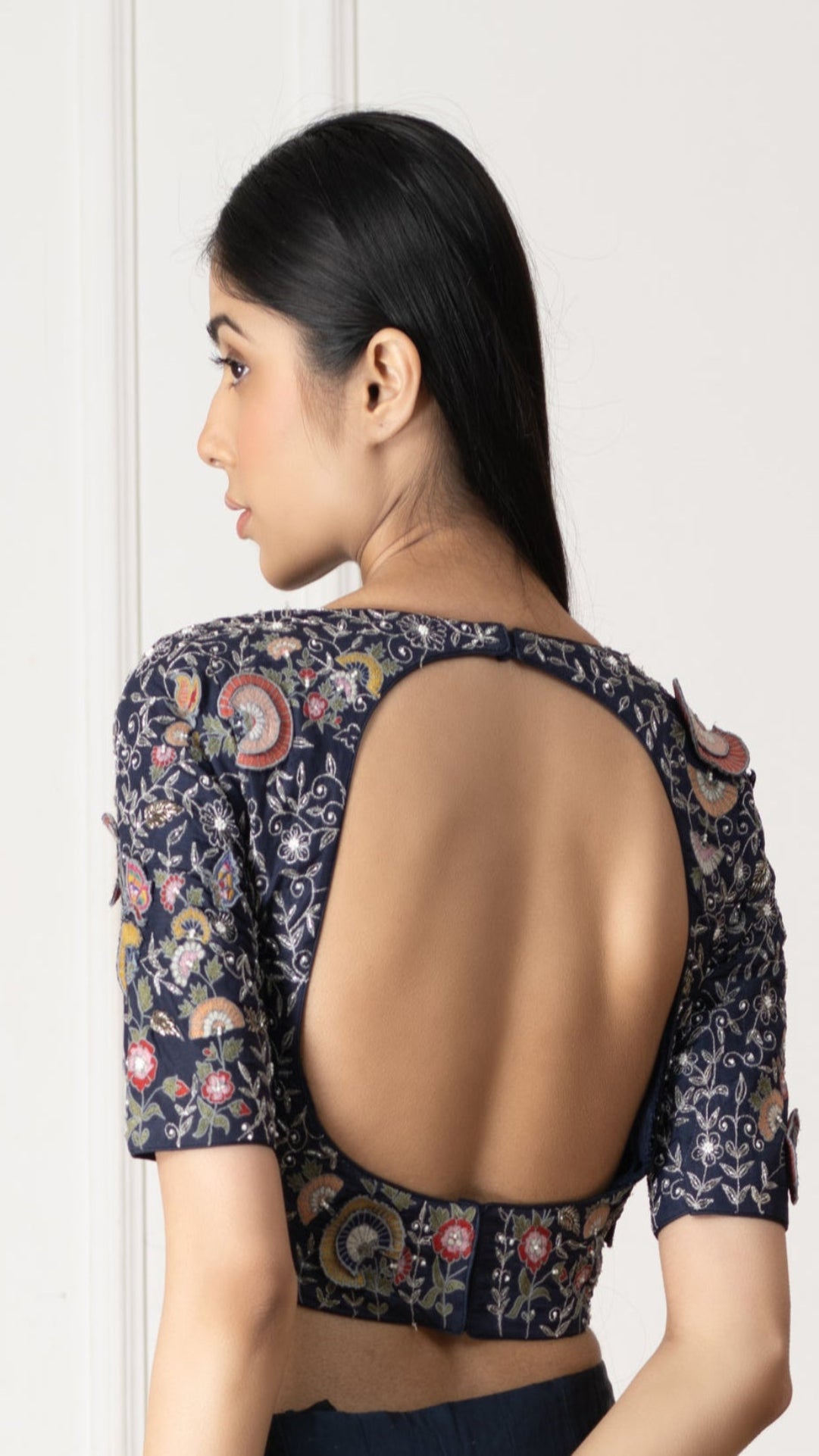 Blue Silk Floral Embroidered Blouse