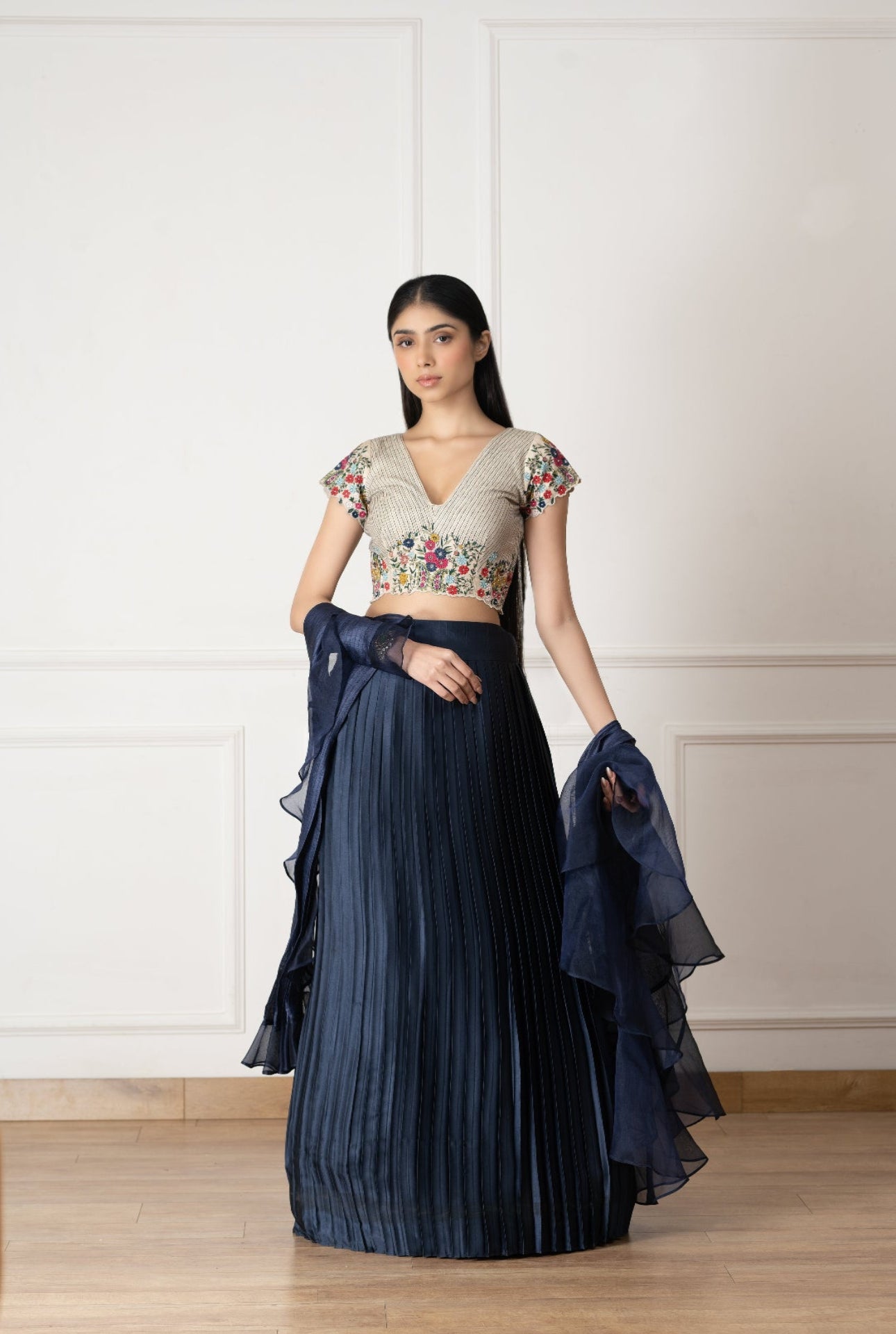 Blue Silk Blouse Embroidery Floral V Neck Garden Lehenga Set