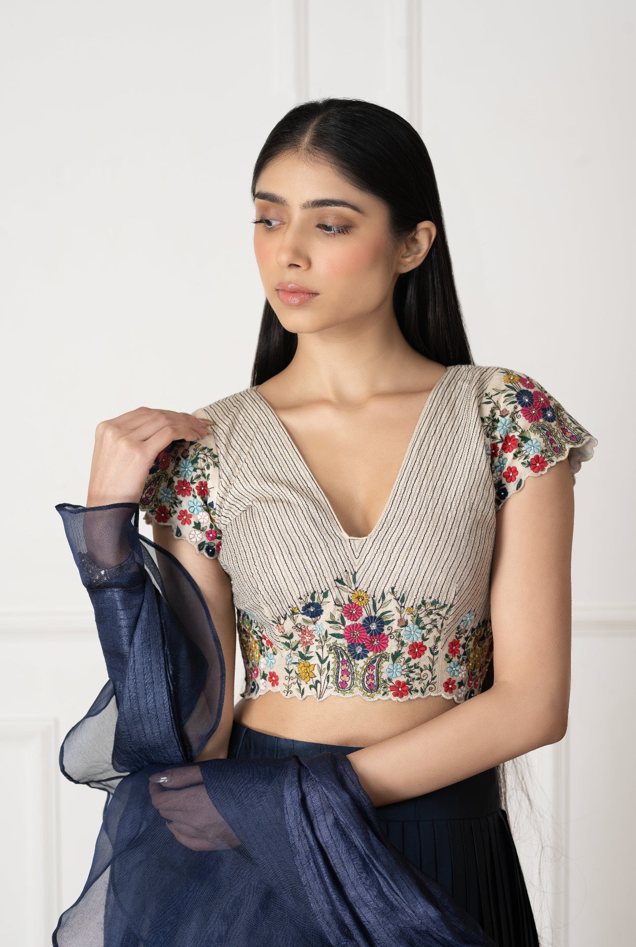 Blue Silk Blouse Embroidery Floral V Neck Garden Lehenga Set