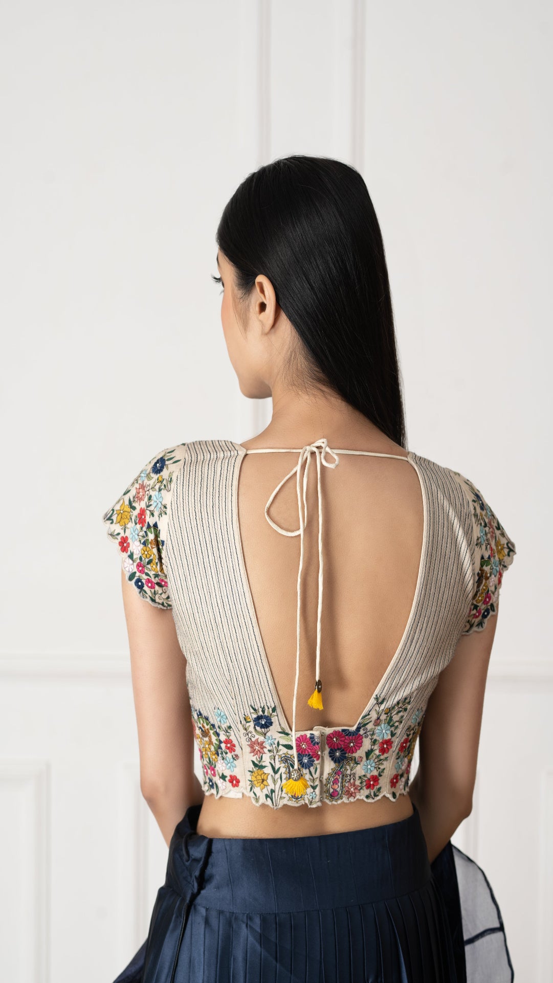 Blue Silk Blouse Embroidery Floral V Neck