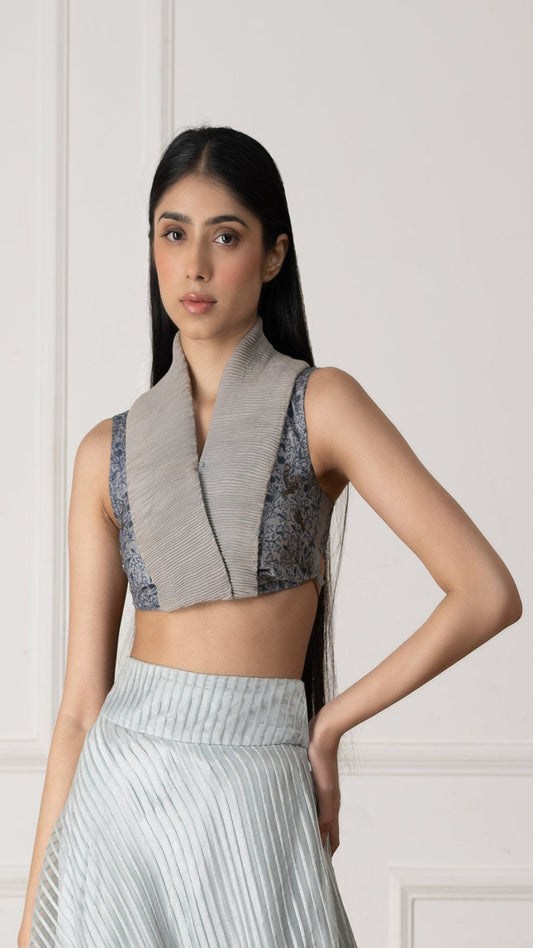 Blue Silk Blouse With Floral Shawl Garden Embroidery