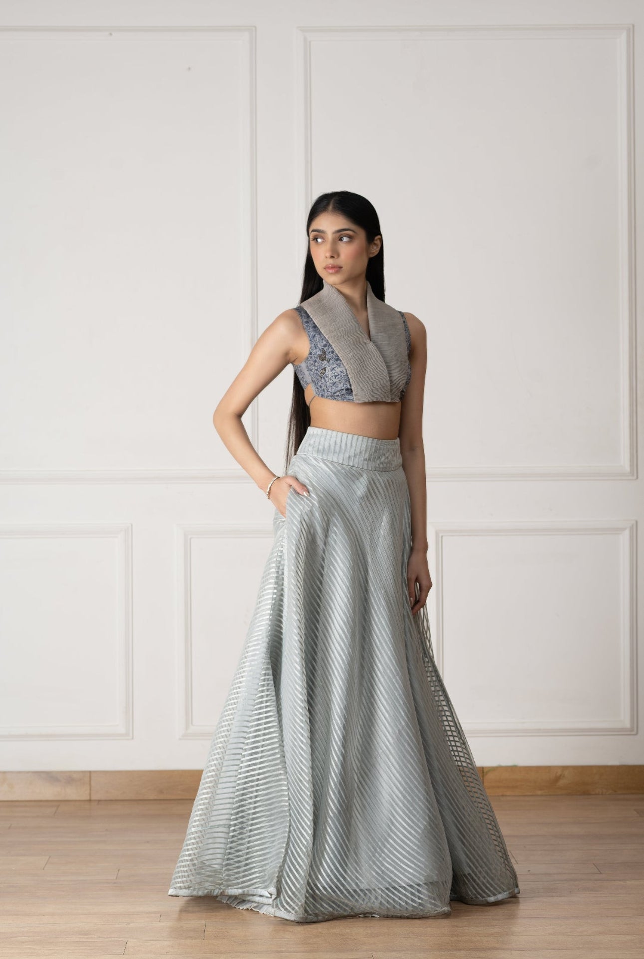 Blue Silk Blouse With Floral Shawl Garden Embroidery And Organza Lehenga