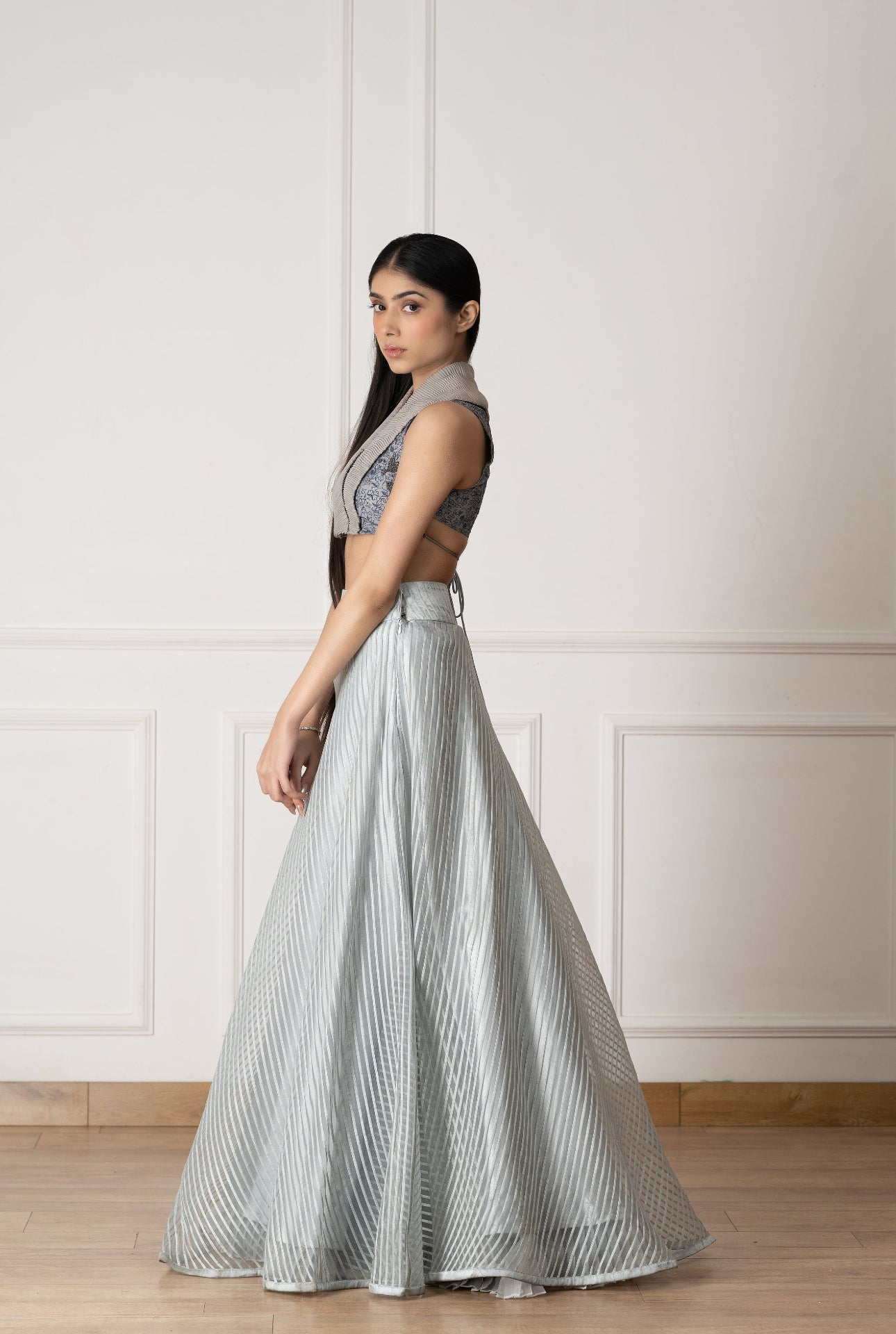Blue Silk Blouse With Floral Shawl Garden Embroidery And Organza Lehenga