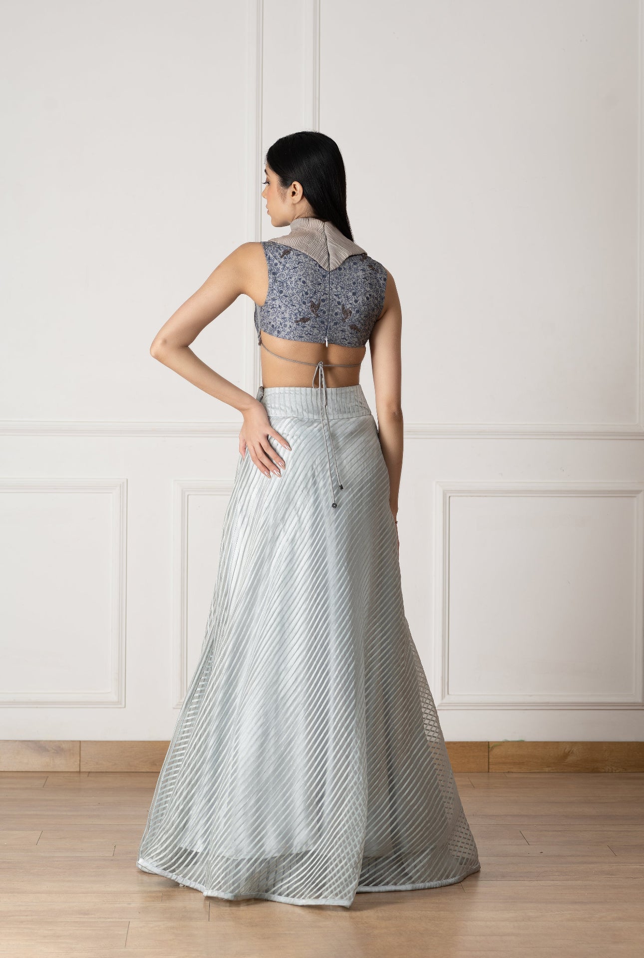 Blue Silk Blouse With Floral Shawl Garden Embroidery And Organza Lehenga