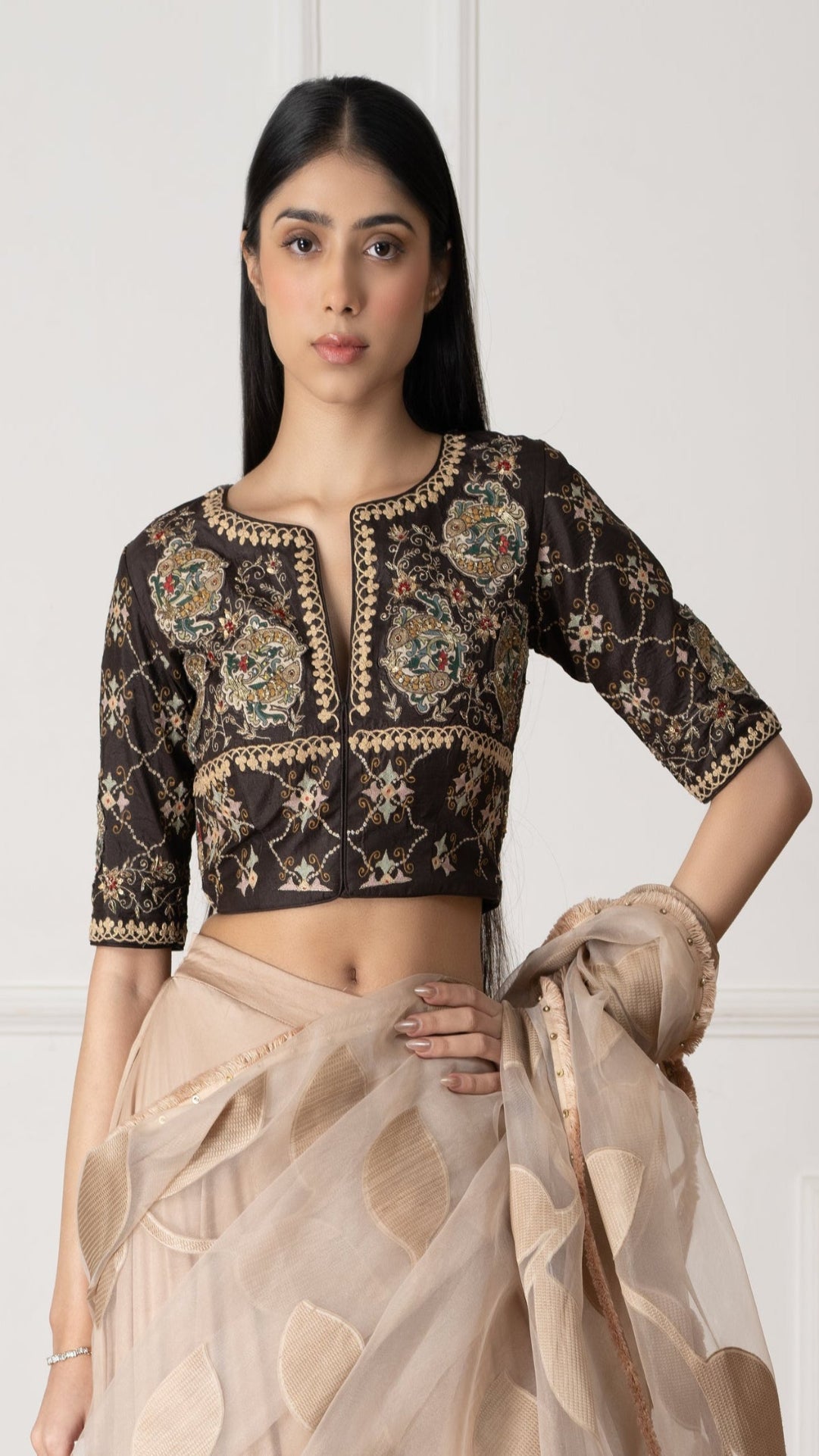 3D Fish Patch Embroidered Silk Blouse