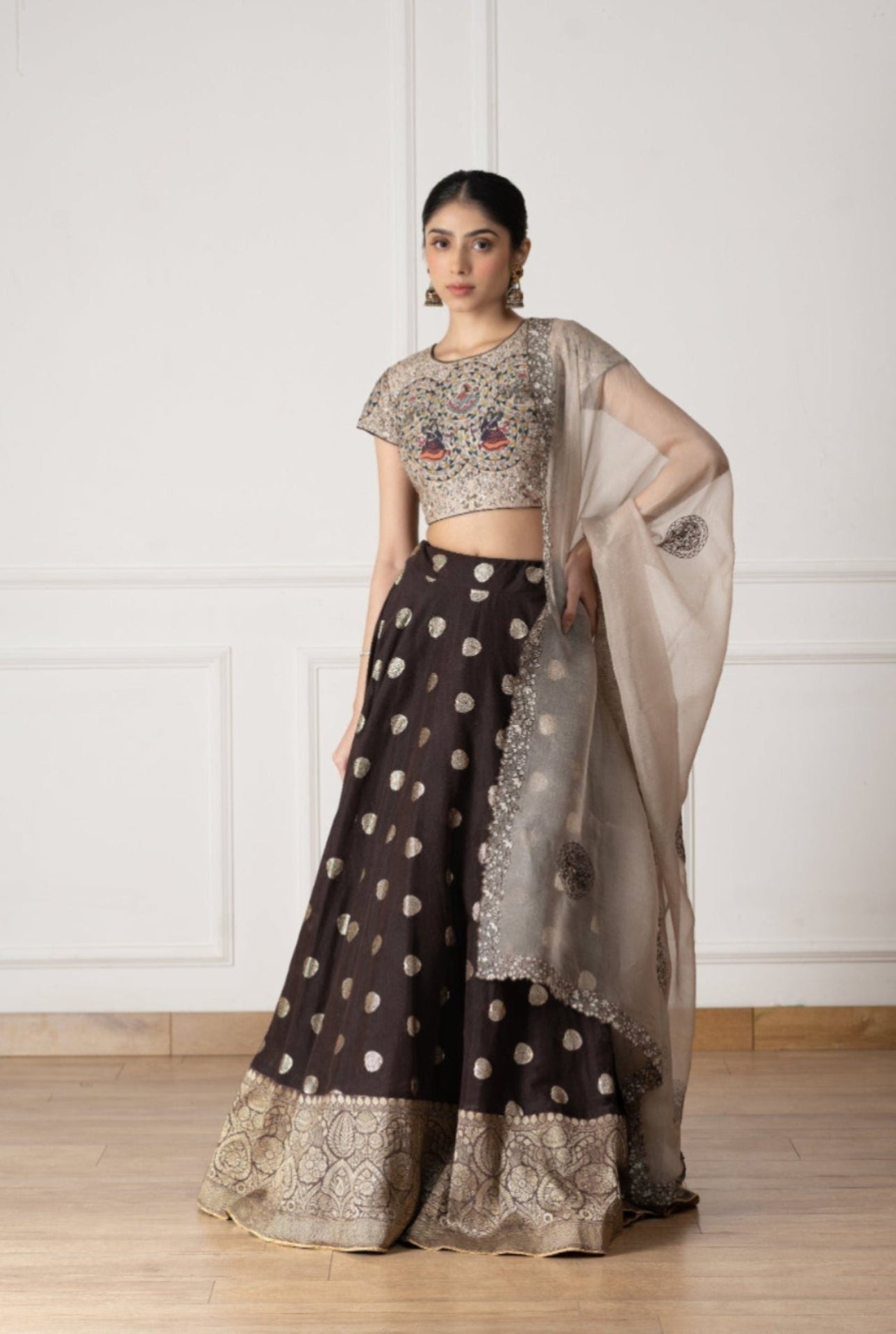 Floral Embroidered Brown Silk Blouse With Butti Pattern Lehenga Set